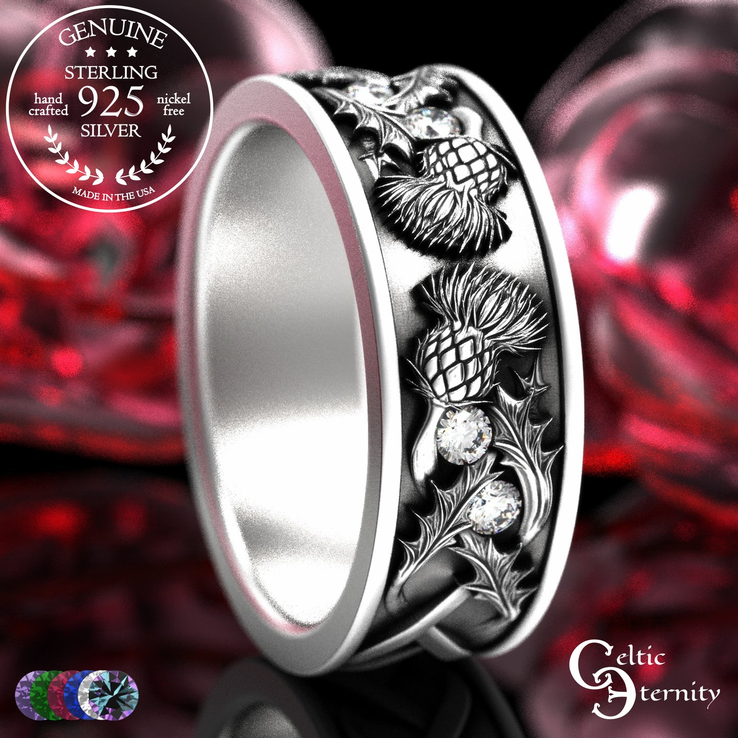 Sterling Men's Scottish Thistle Wedding Band with Amethyst, 2129