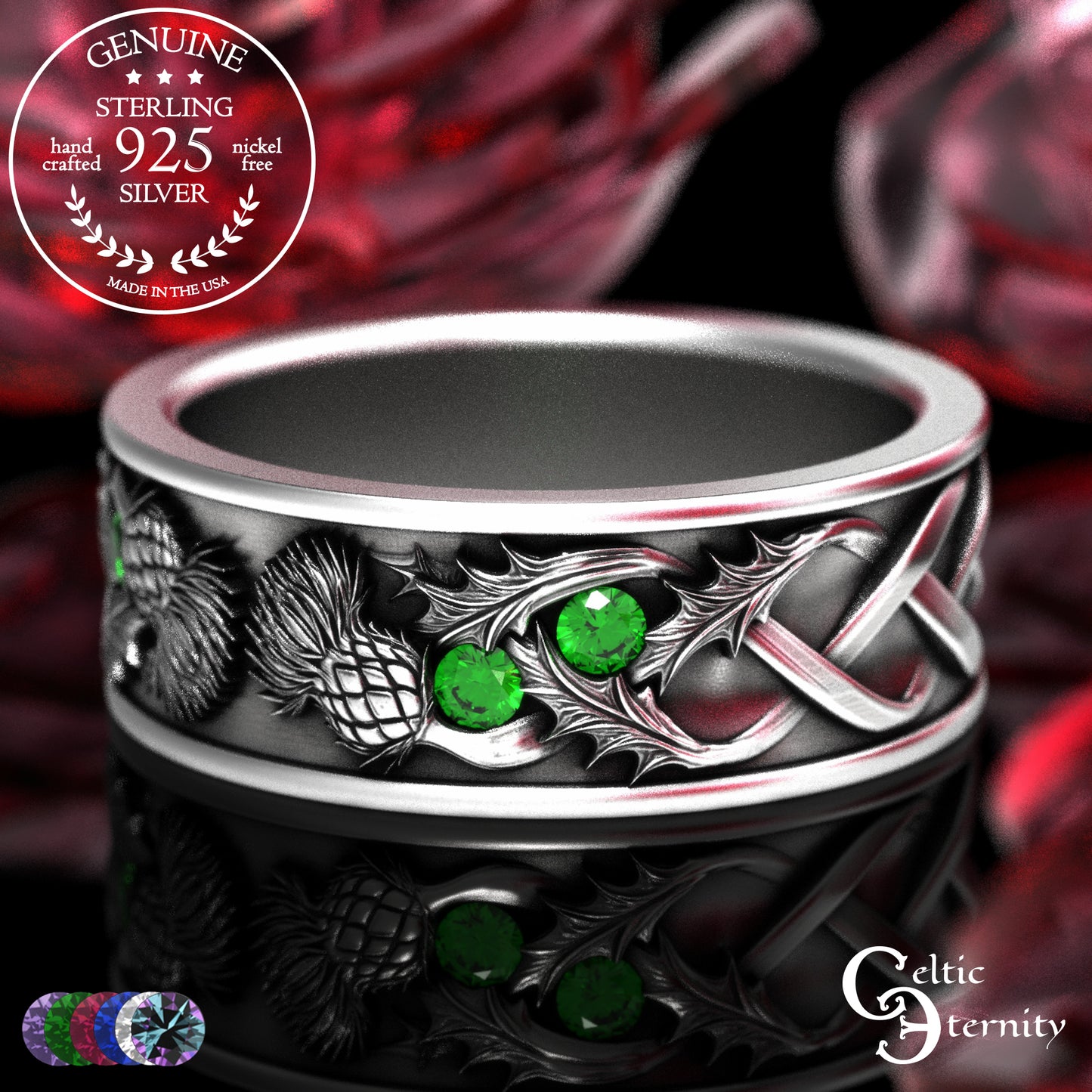 Sterling Men's Scottish Thistle Wedding Band with Amethyst, 2129