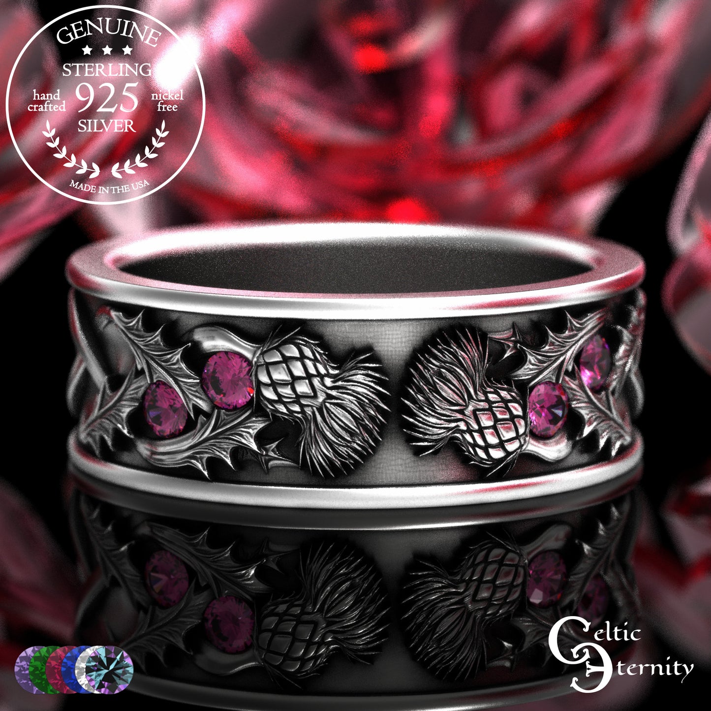 Sterling Men's Scottish Thistle Wedding Band with Amethyst, 2129