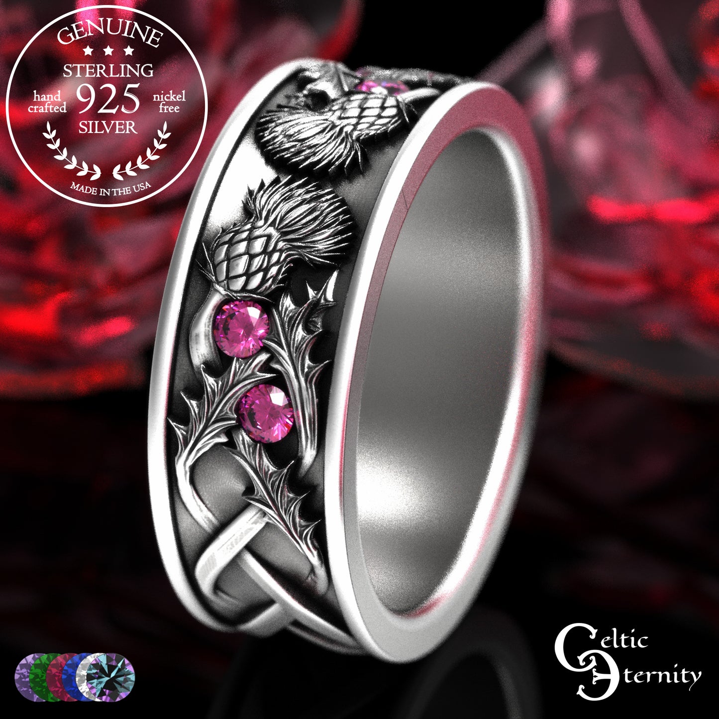 Sterling Men's Scottish Thistle Wedding Band with Amethyst, 2129