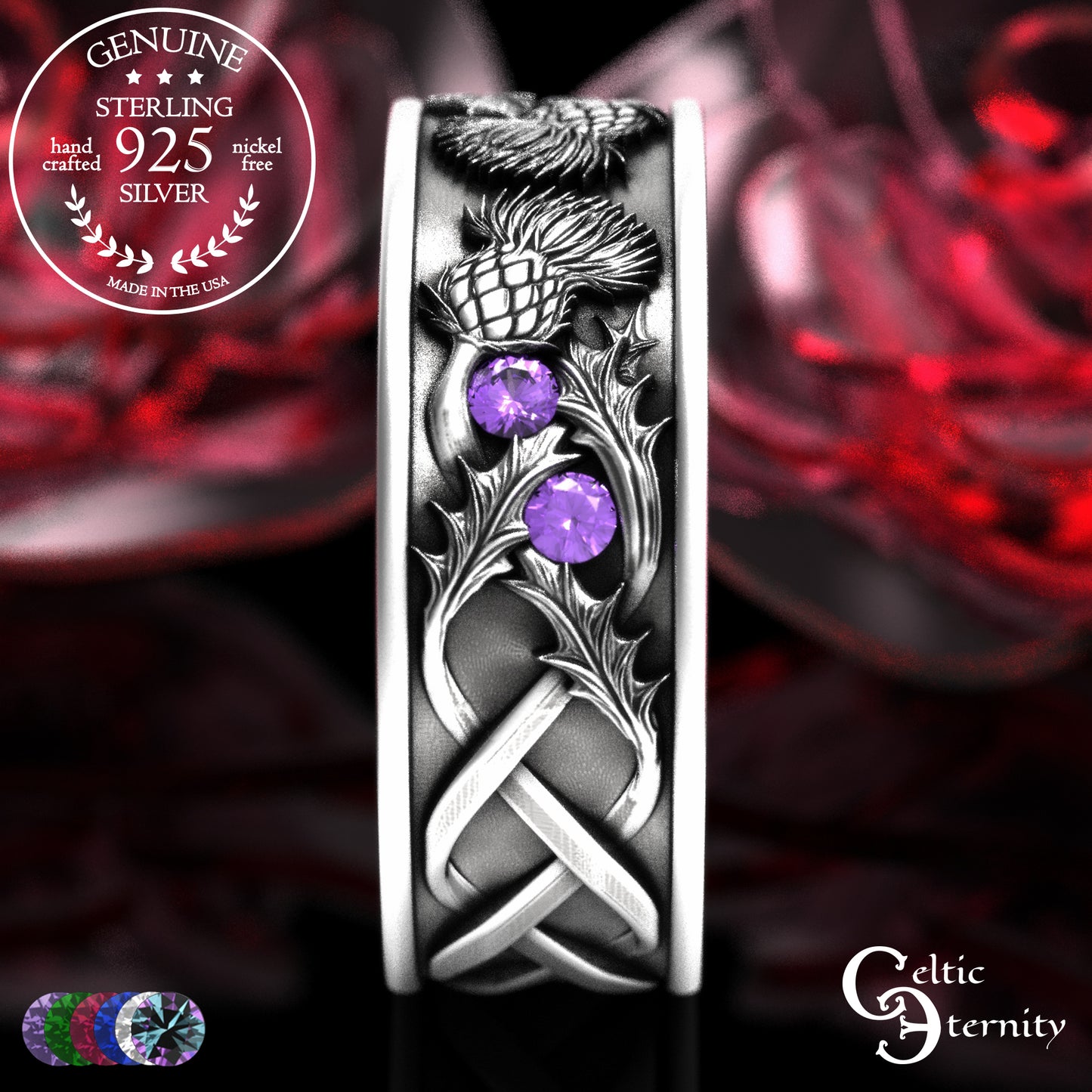 Sterling Men's Scottish Thistle Wedding Band with Amethyst, 2129