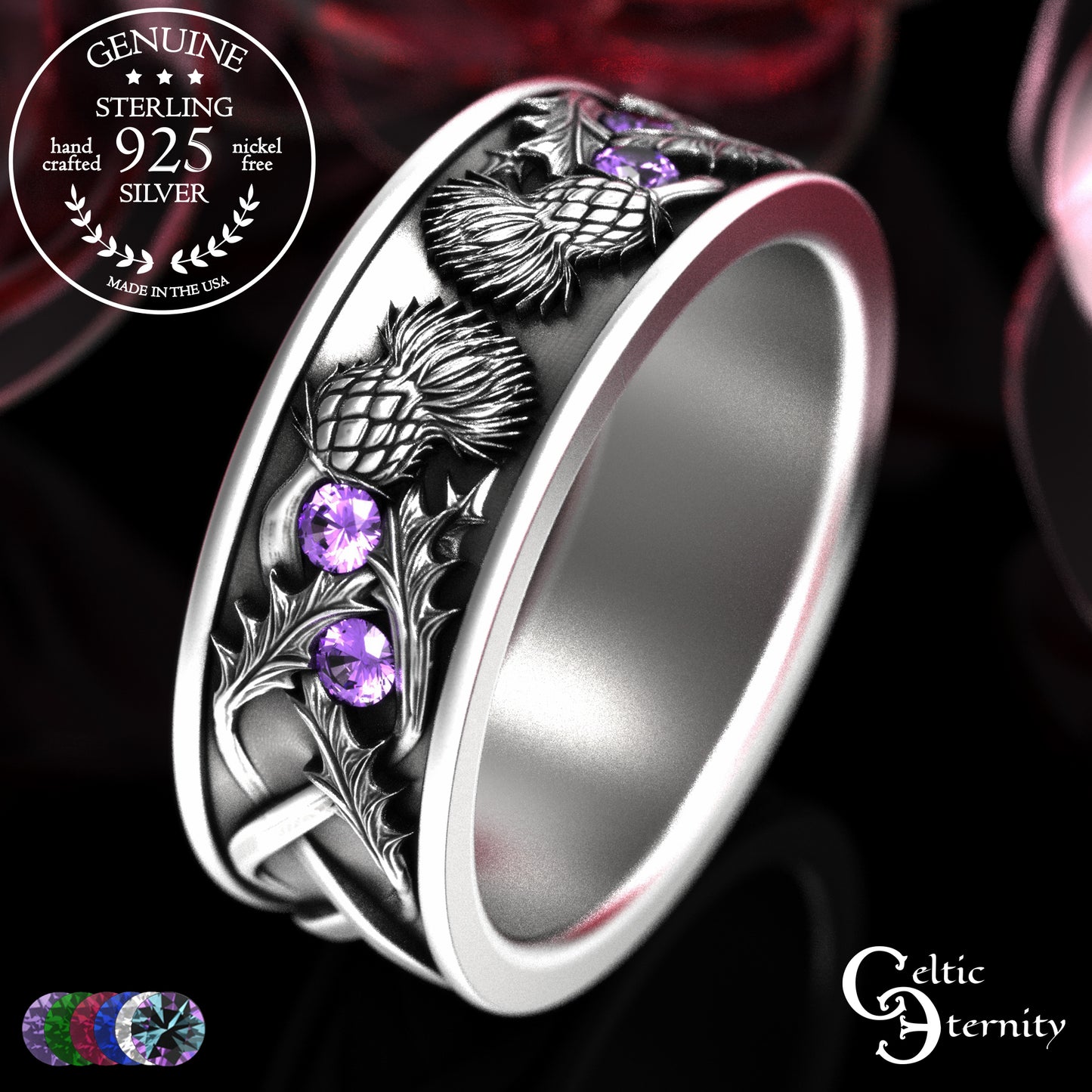 Sterling Men's Scottish Thistle Wedding Band with Amethyst, 2129