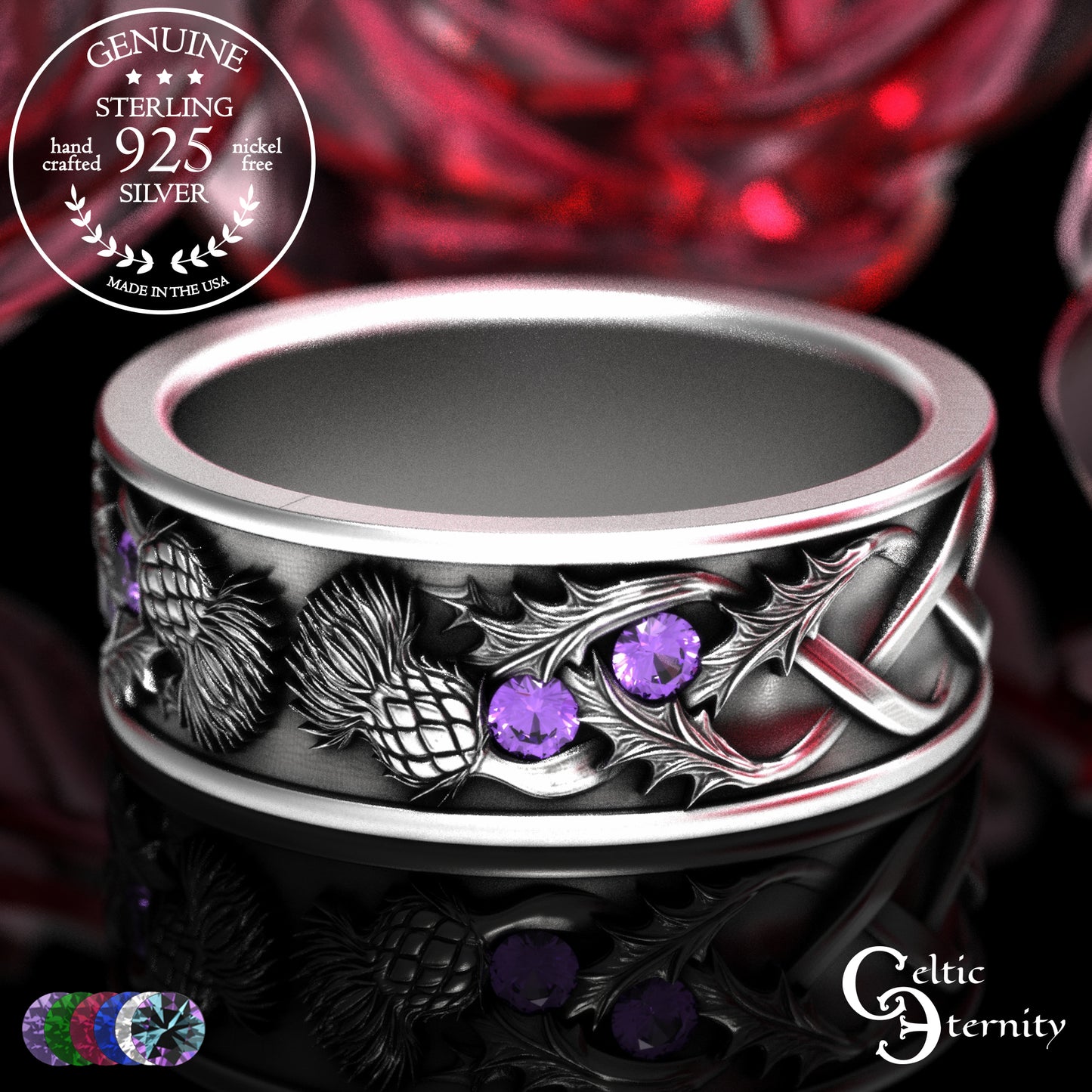 Sterling Men's Scottish Thistle Wedding Band with Amethyst, 2129