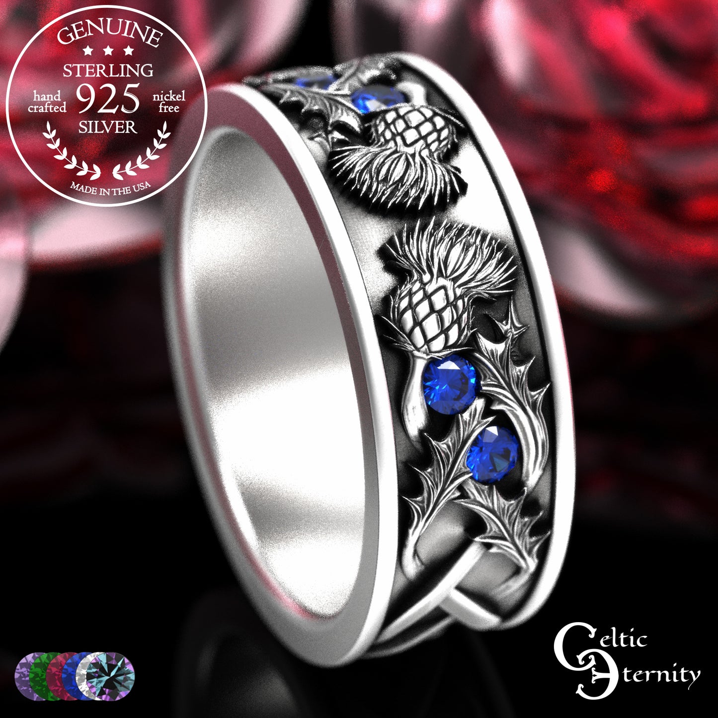 Sterling Men's Scottish Thistle Wedding Band with Amethyst, 2129