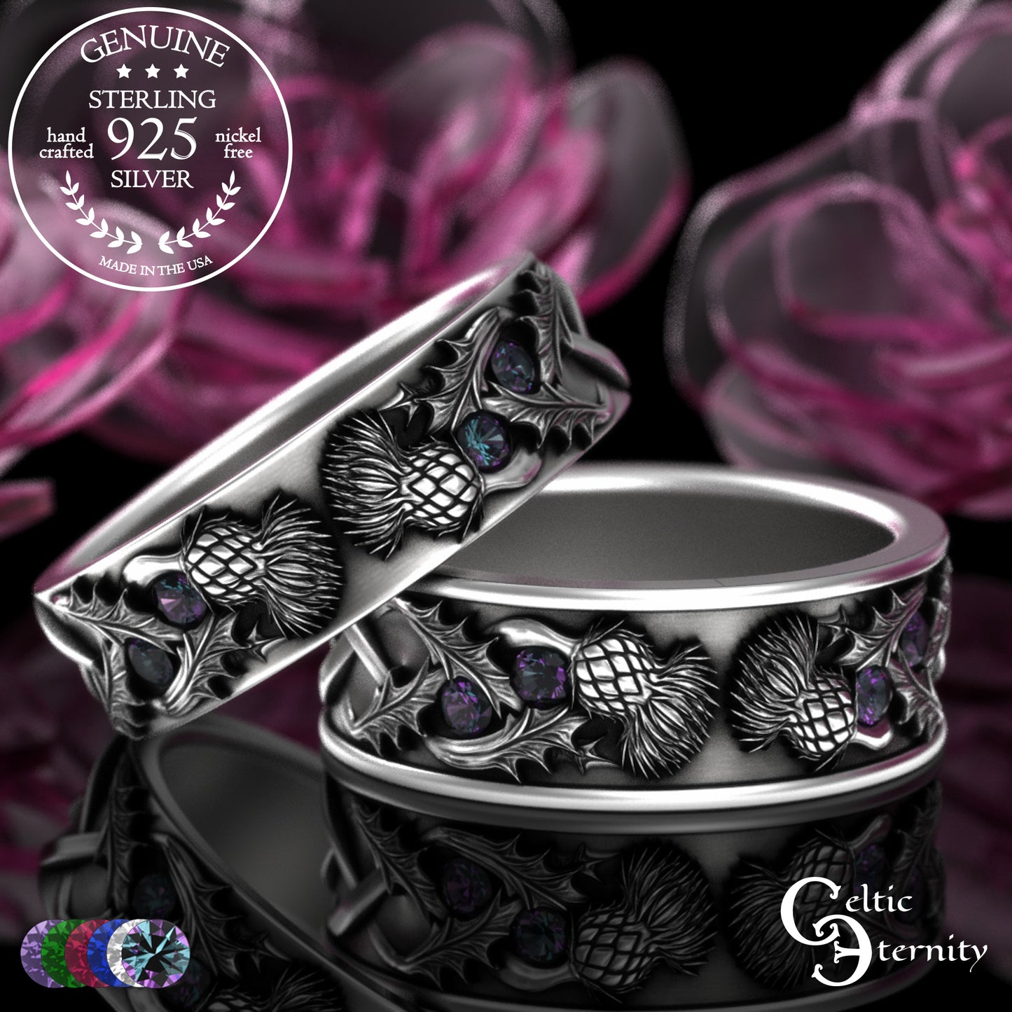 Sterling Scottish Thistle Bride & Groom Wedding Band Set with Emeralds, 2128 2129