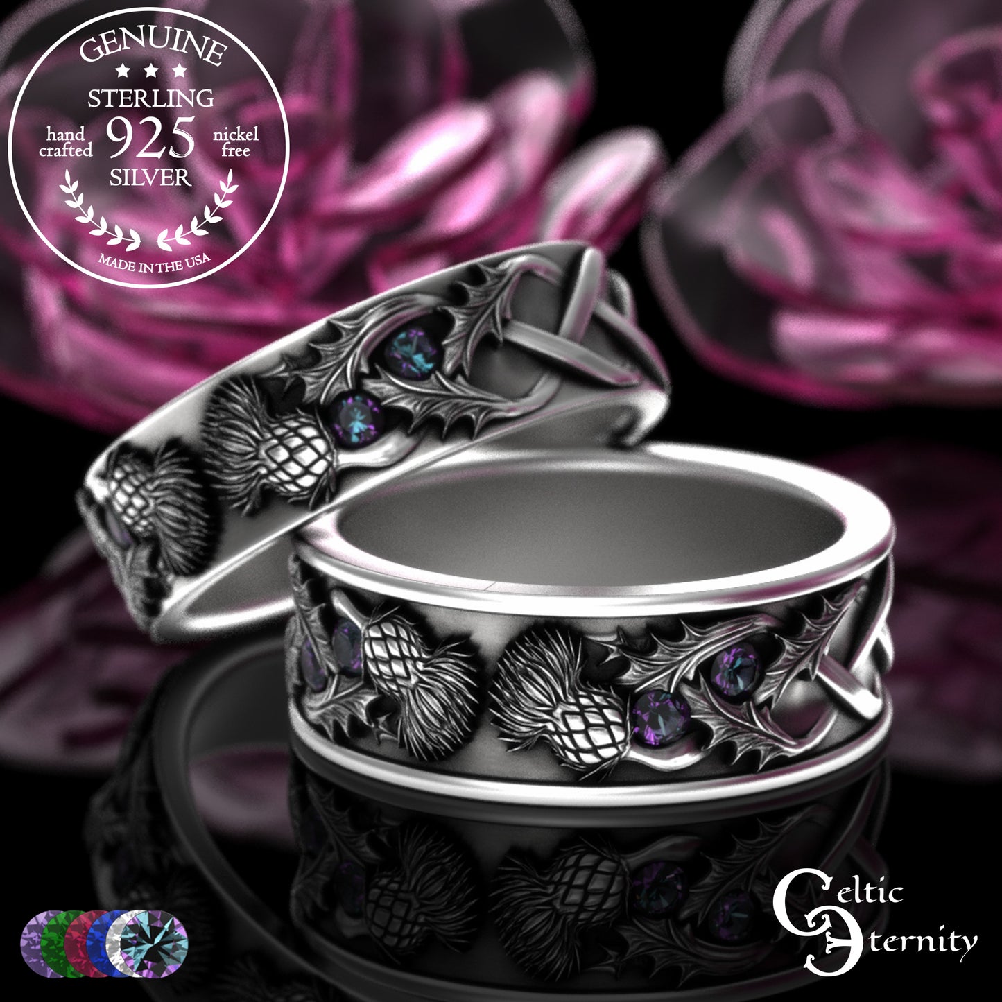 Sterling Scottish Thistle Bride & Groom Wedding Band Set with Emeralds, 2128 2129