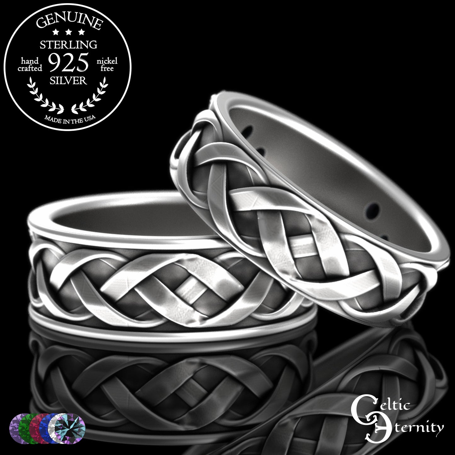 Sterling Scottish Thistle Bride & Groom Wedding Band Set with Emeralds, 2128 2129