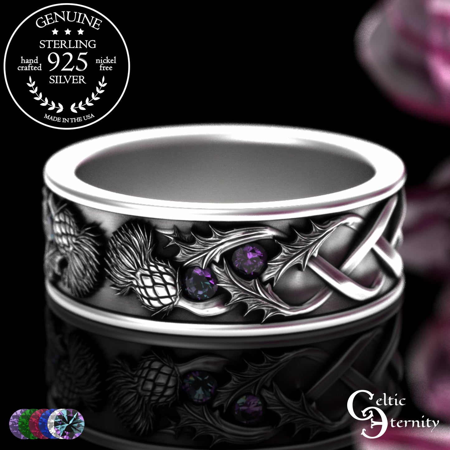 Sterling Men's Scottish Thistle Wedding Band with Amethyst, 2129