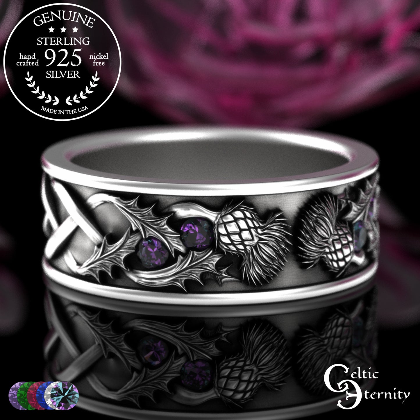 Sterling Men's Scottish Thistle Wedding Band with Amethyst, 2129
