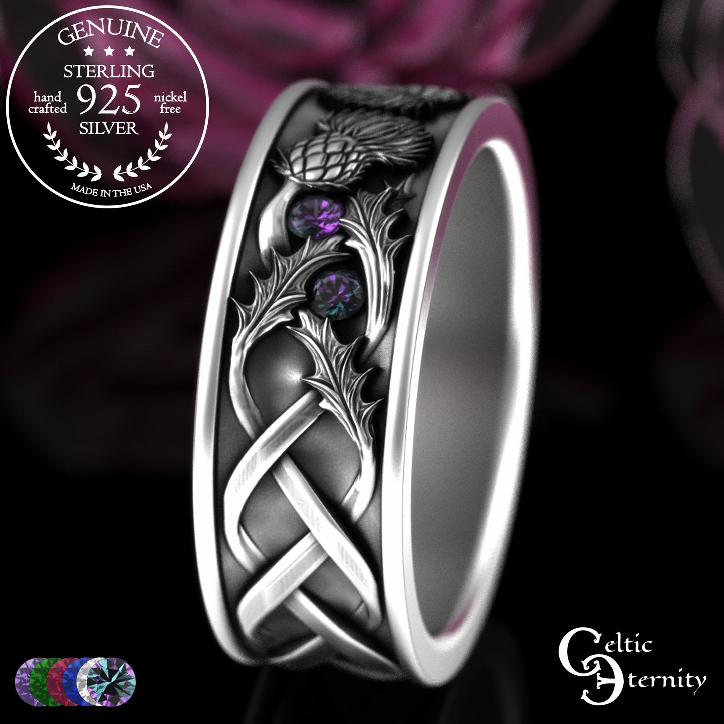 Sterling Men's Scottish Thistle Wedding Band with Amethyst, 2129