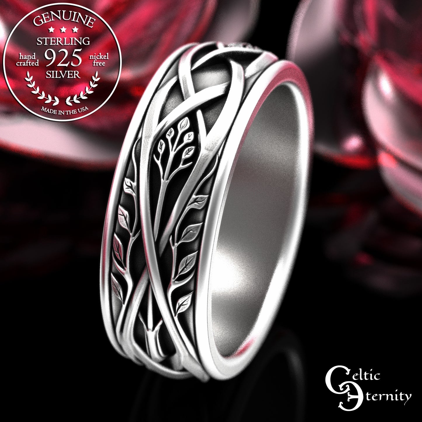 Sterling Silver Men's Celtic Tree Wedding Band, 2131