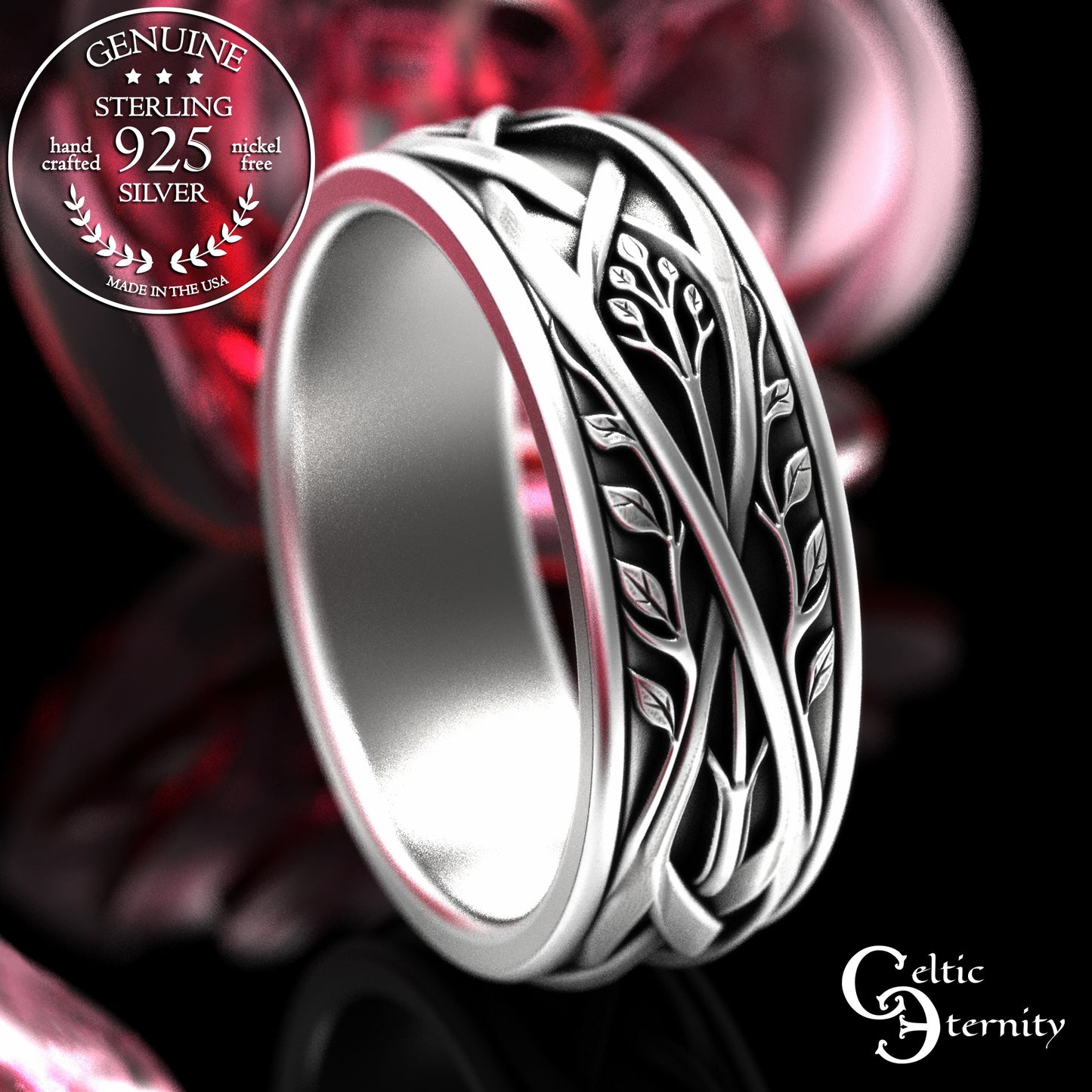 Sterling Silver Men's Celtic Tree Wedding Band, 2131