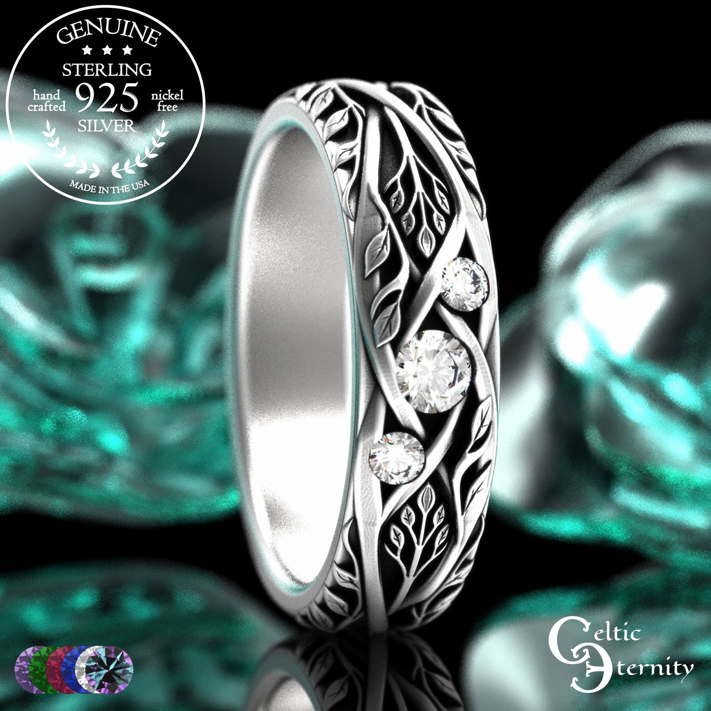 Woman's Sterling Celtic Tree of Life Wedding Band with Emerald Accents, 2132