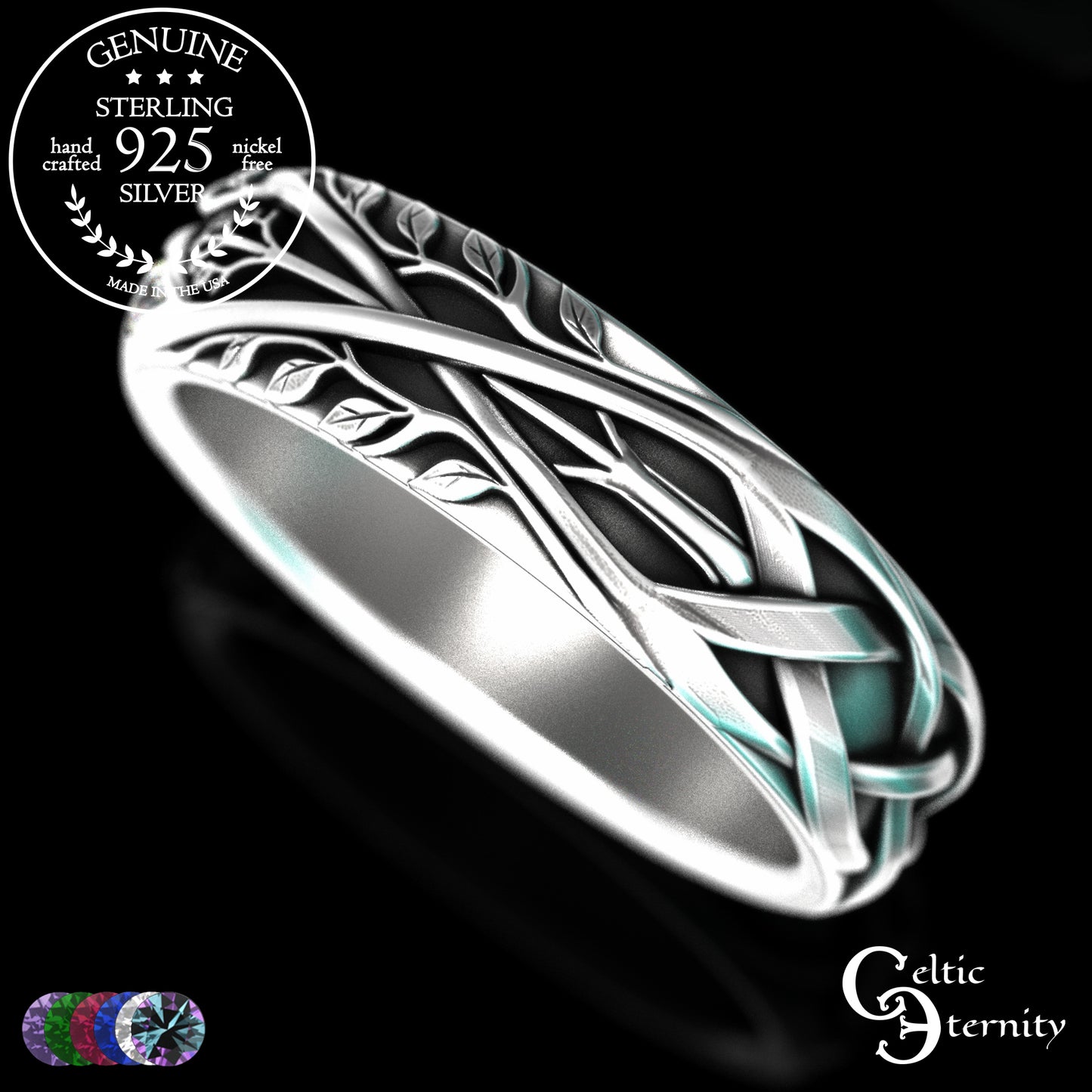 Woman's Sterling Celtic Tree of Life Wedding Band with Emerald Accents, 2132