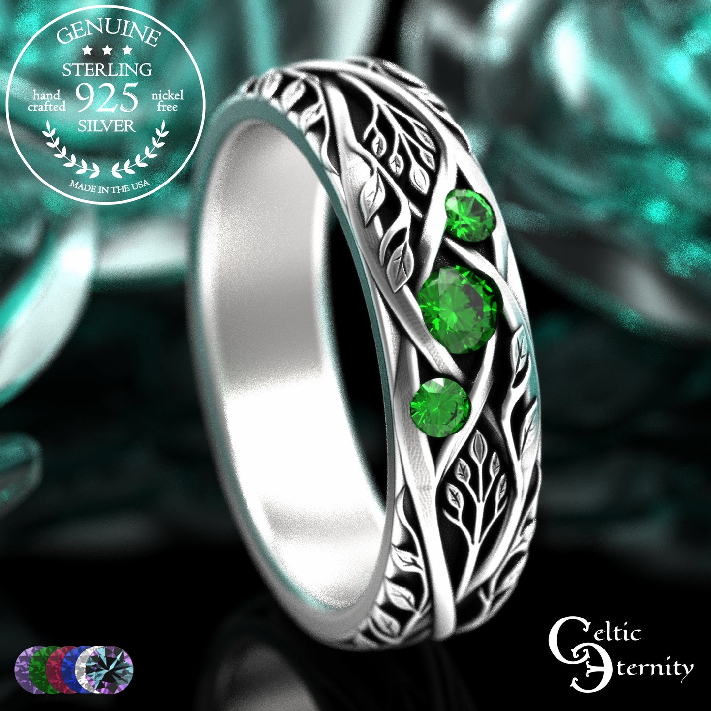Woman's Sterling Celtic Tree of Life Wedding Band with Emerald Accents, 2132
