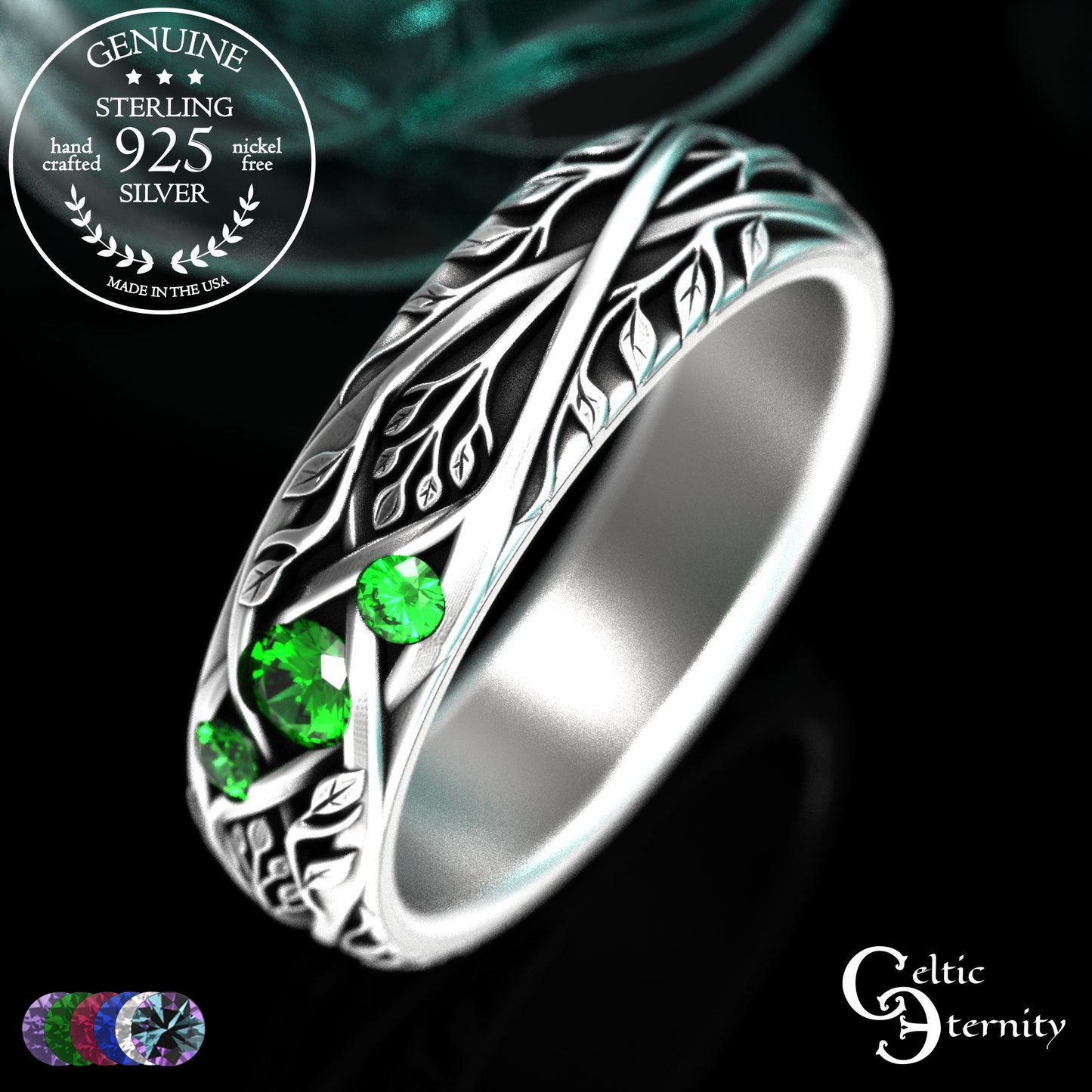 Woman's Sterling Celtic Tree of Life Wedding Band with Emerald Accents, 2132