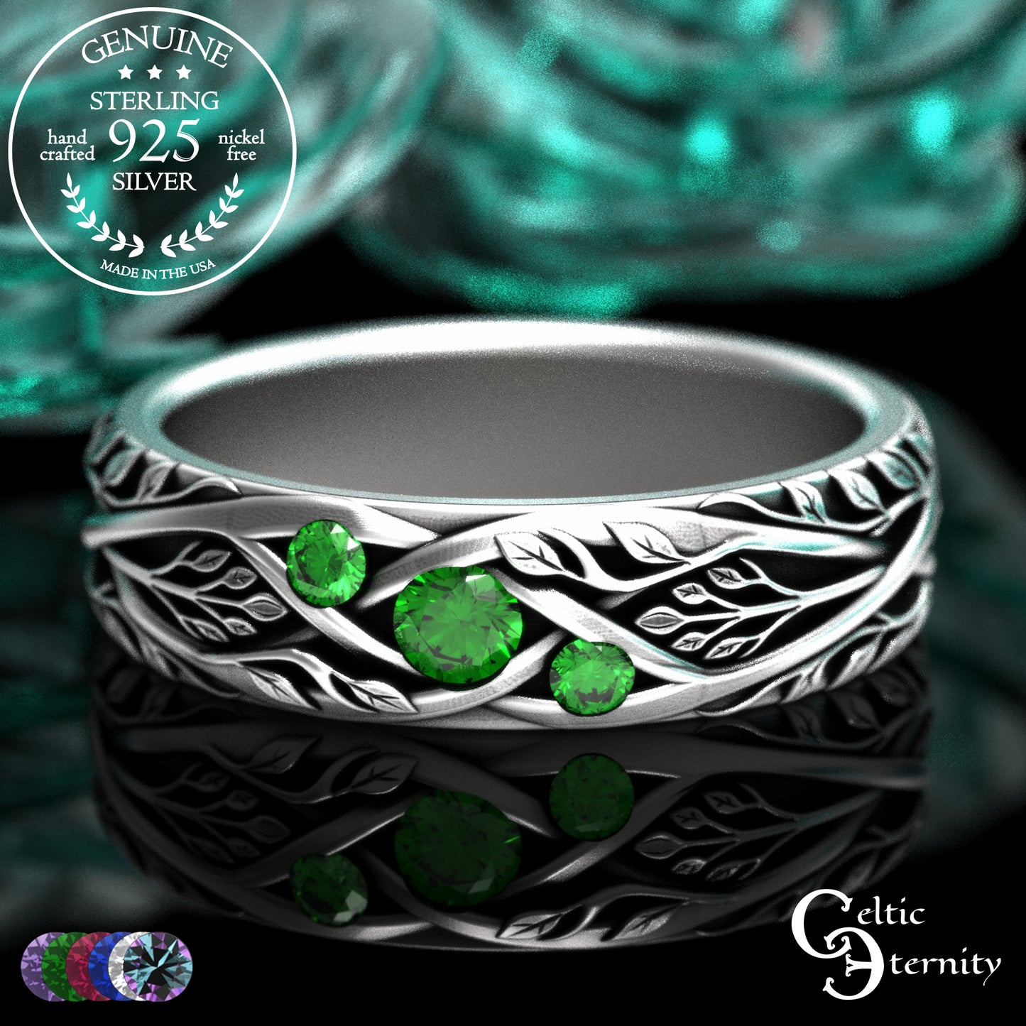 Woman's Sterling Celtic Tree of Life Wedding Band with Emerald Accents, 2132