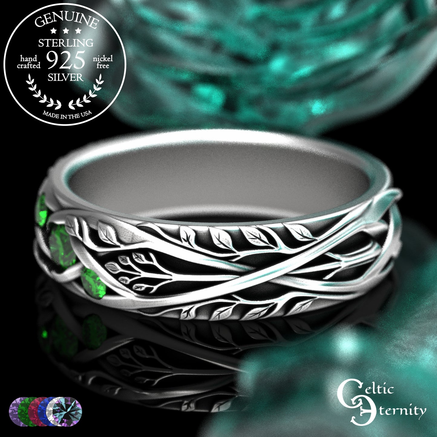 Woman's Sterling Celtic Tree of Life Wedding Band with Emerald Accents, 2132