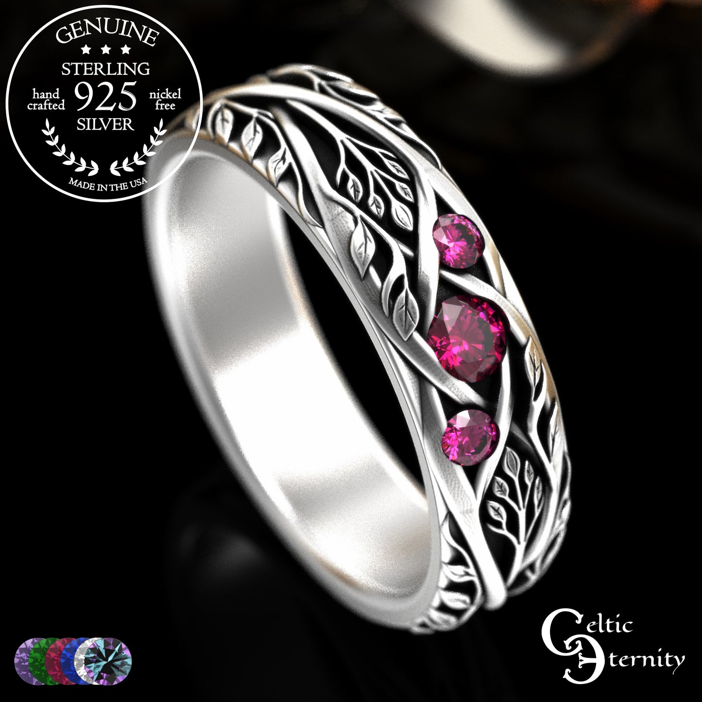 Woman's Sterling Celtic Tree of Life Wedding Band with Emerald Accents, 2132