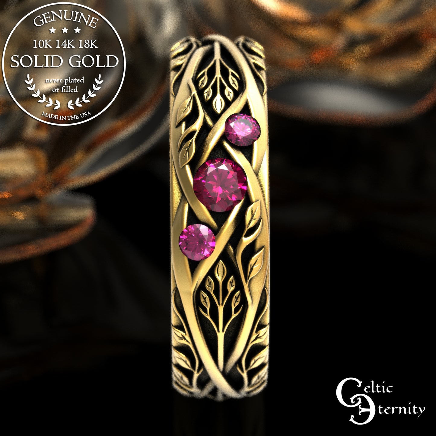 Gold & Sapphire Woman's Botanical Wedding Band, 2132