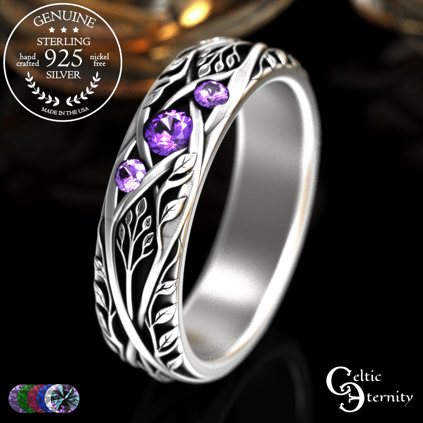 Woman's Sterling Celtic Tree of Life Wedding Band with Emerald Accents, 2132