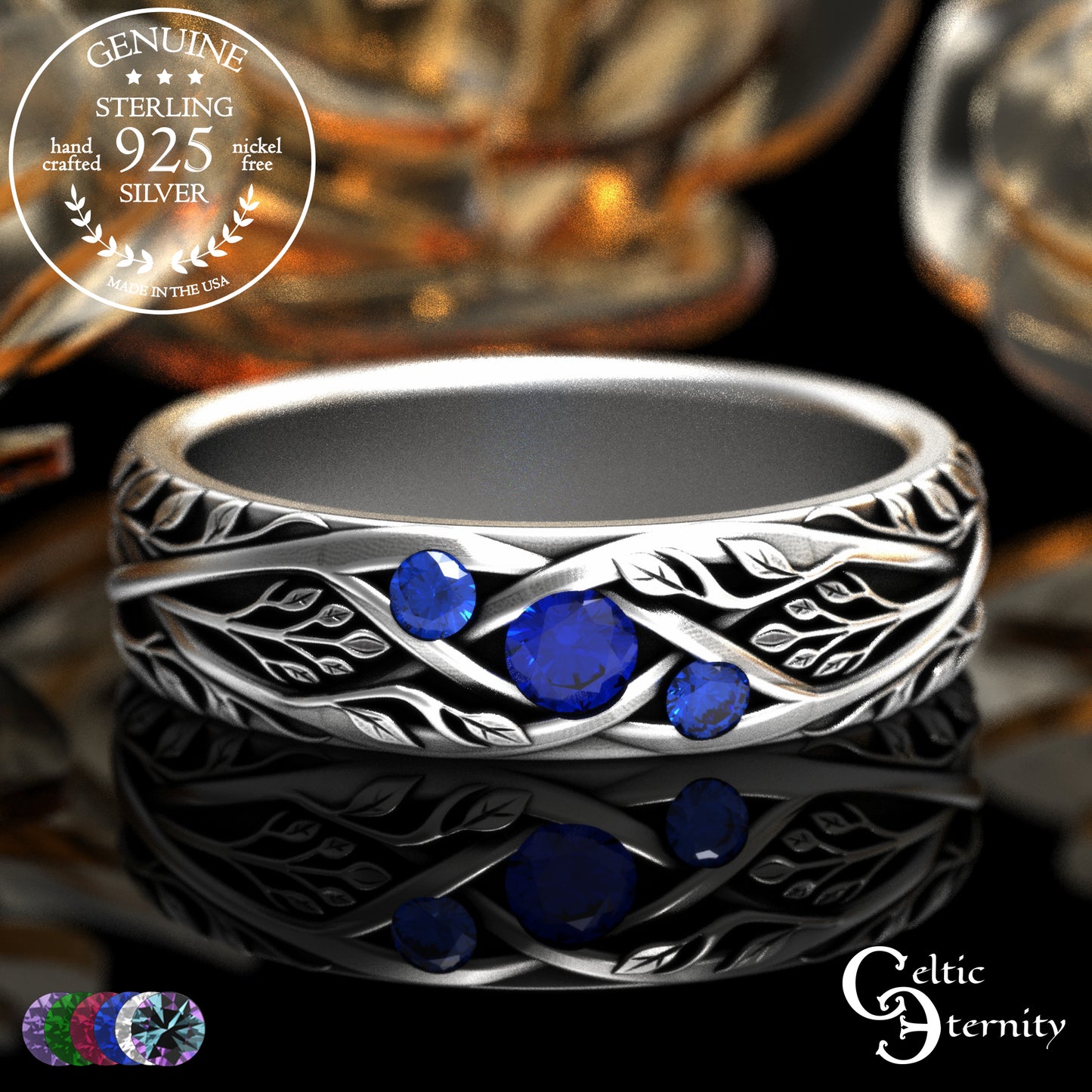 Woman's Sterling Celtic Tree of Life Wedding Band with Emerald Accents, 2132