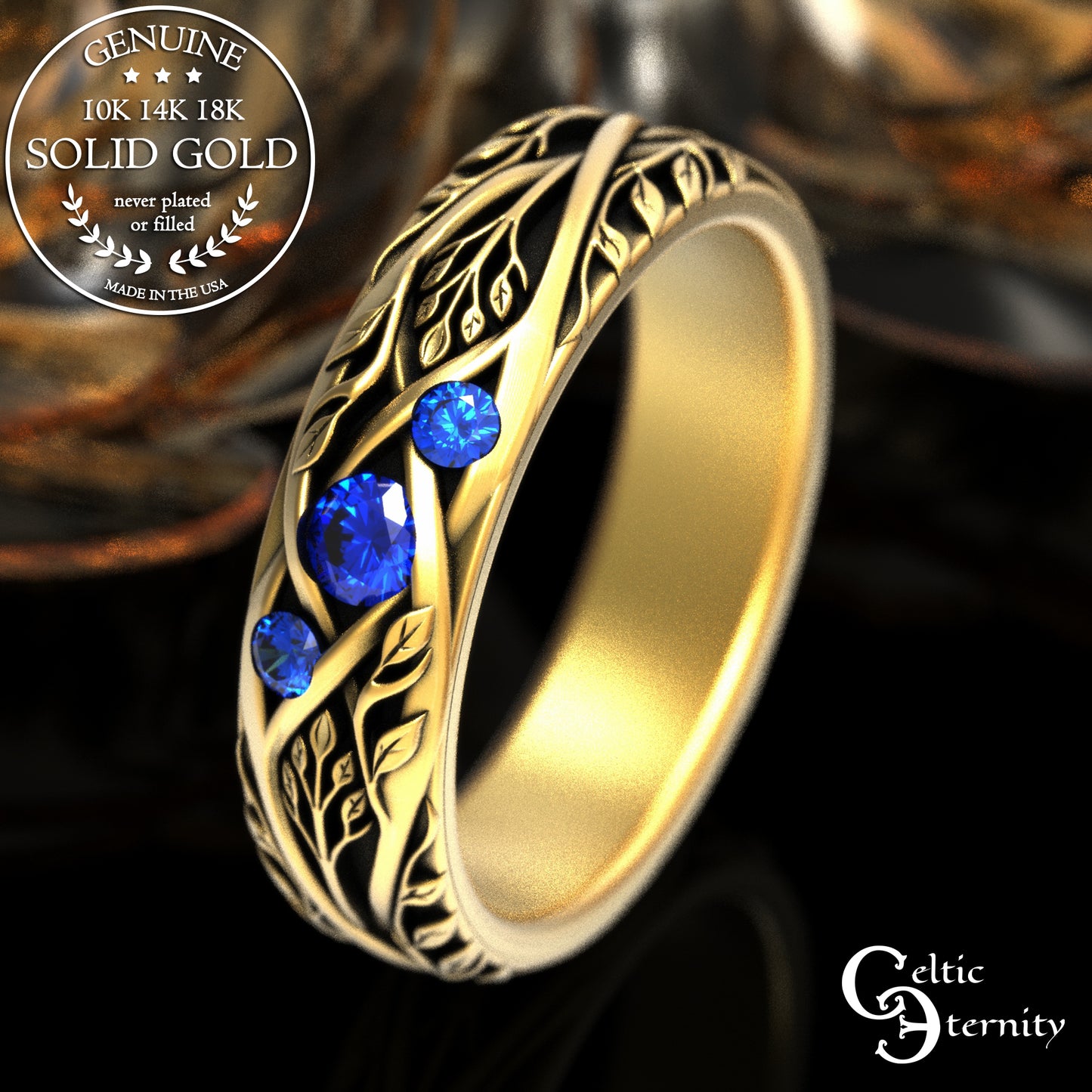 Gold & Sapphire Woman's Botanical Wedding Band, 2132