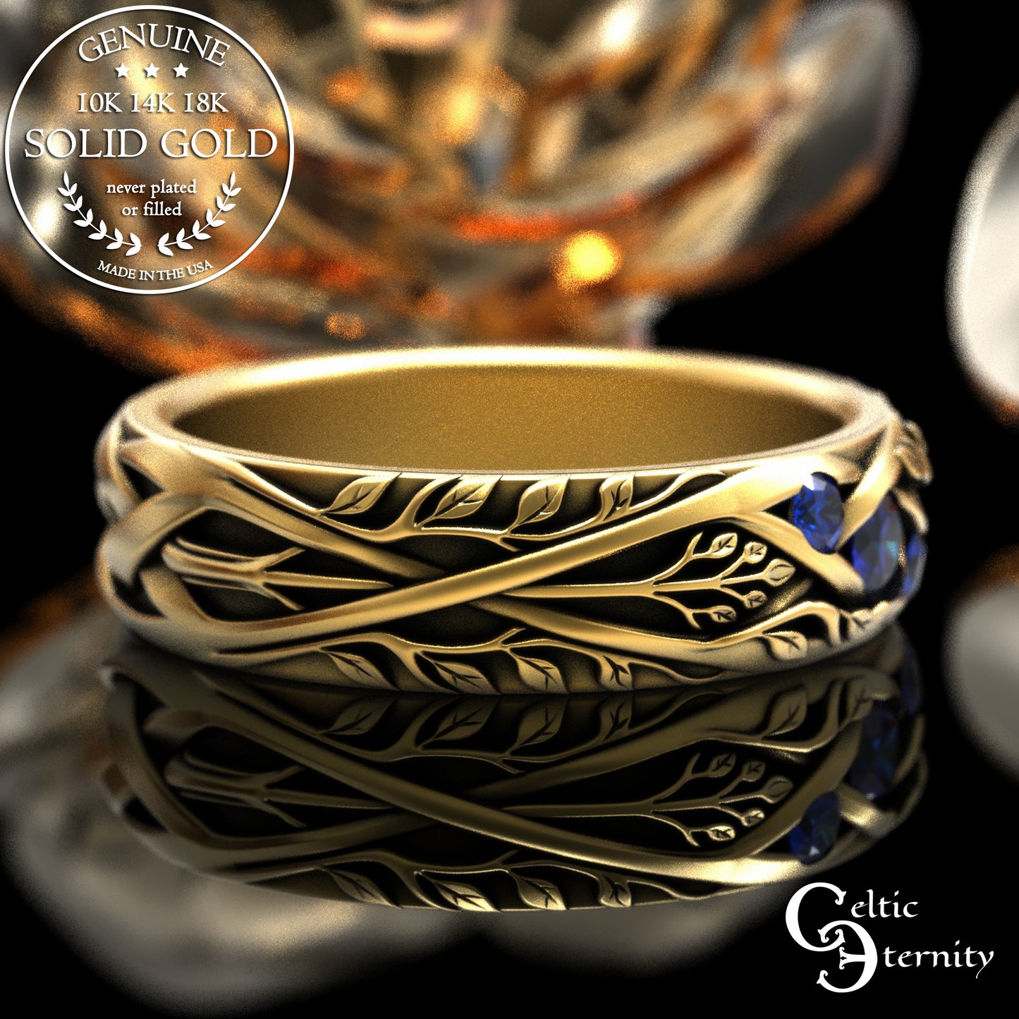 Gold & Sapphire Woman's Botanical Wedding Band, 2132