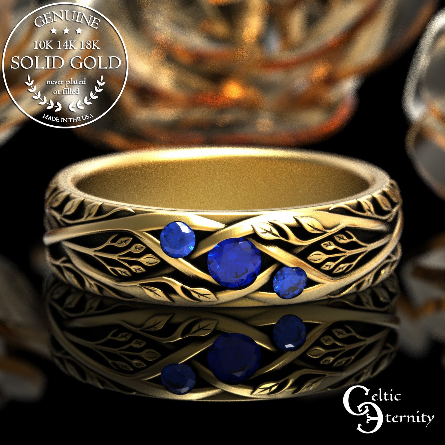 Gold & Sapphire Woman's Botanical Wedding Band, 2132