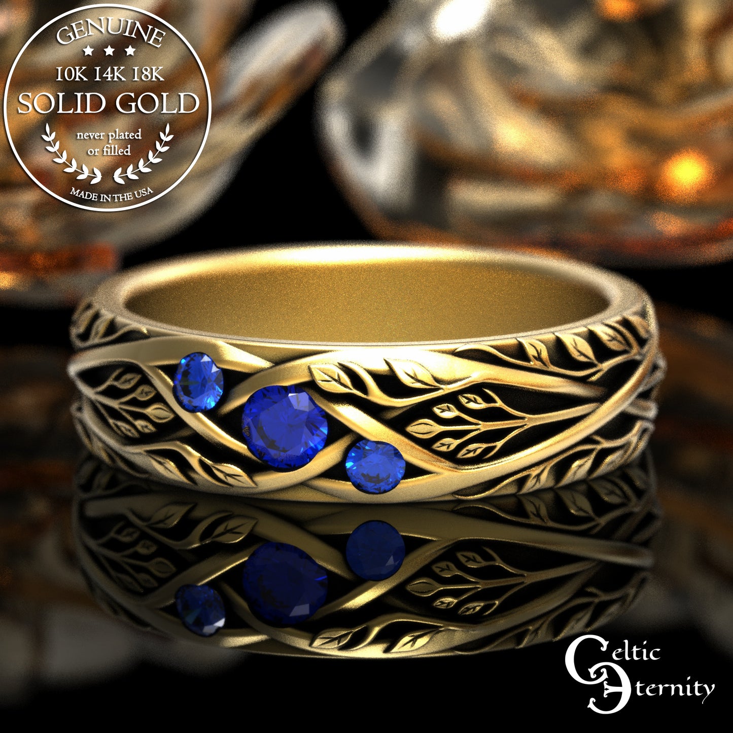 Gold & Sapphire Woman's Botanical Wedding Band, 2132
