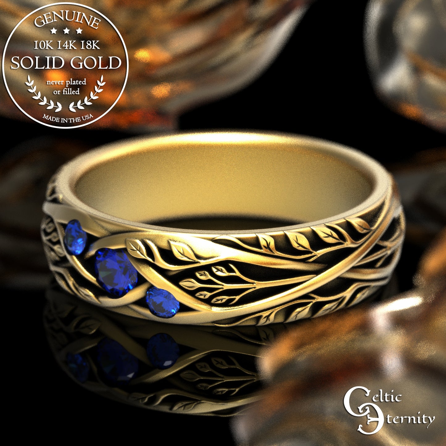 Gold & Sapphire Woman's Botanical Wedding Band, 2132