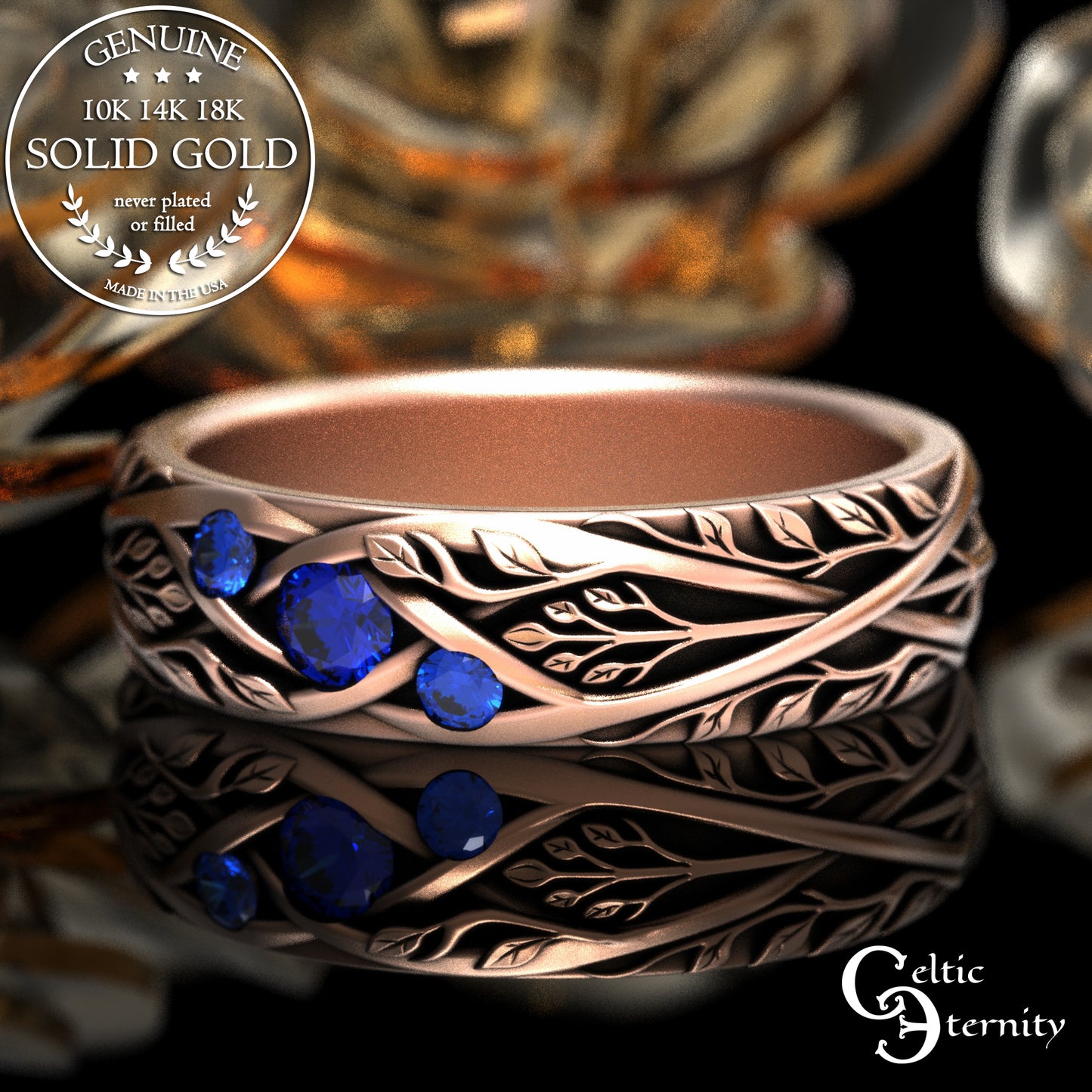 Gold & Sapphire Woman's Botanical Wedding Band, 2132