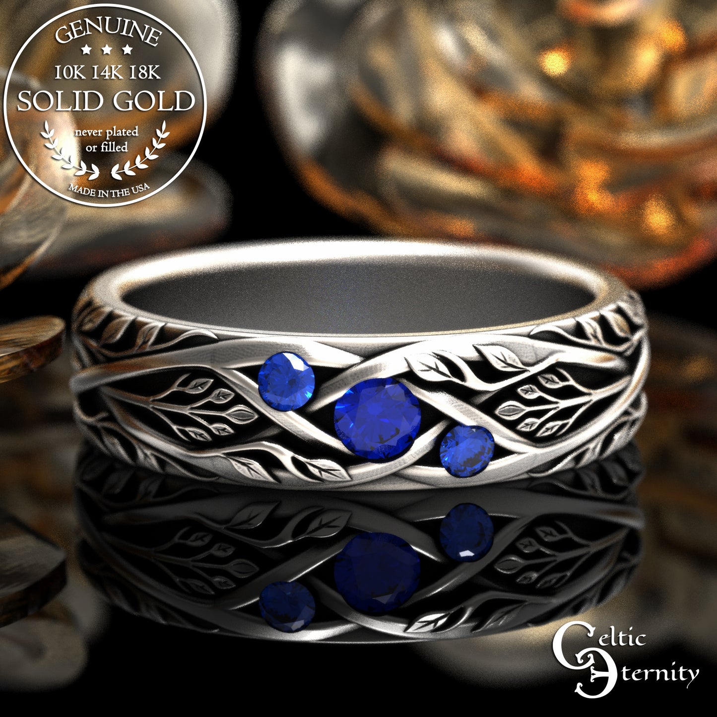 Gold & Sapphire Woman's Botanical Wedding Band, 2132