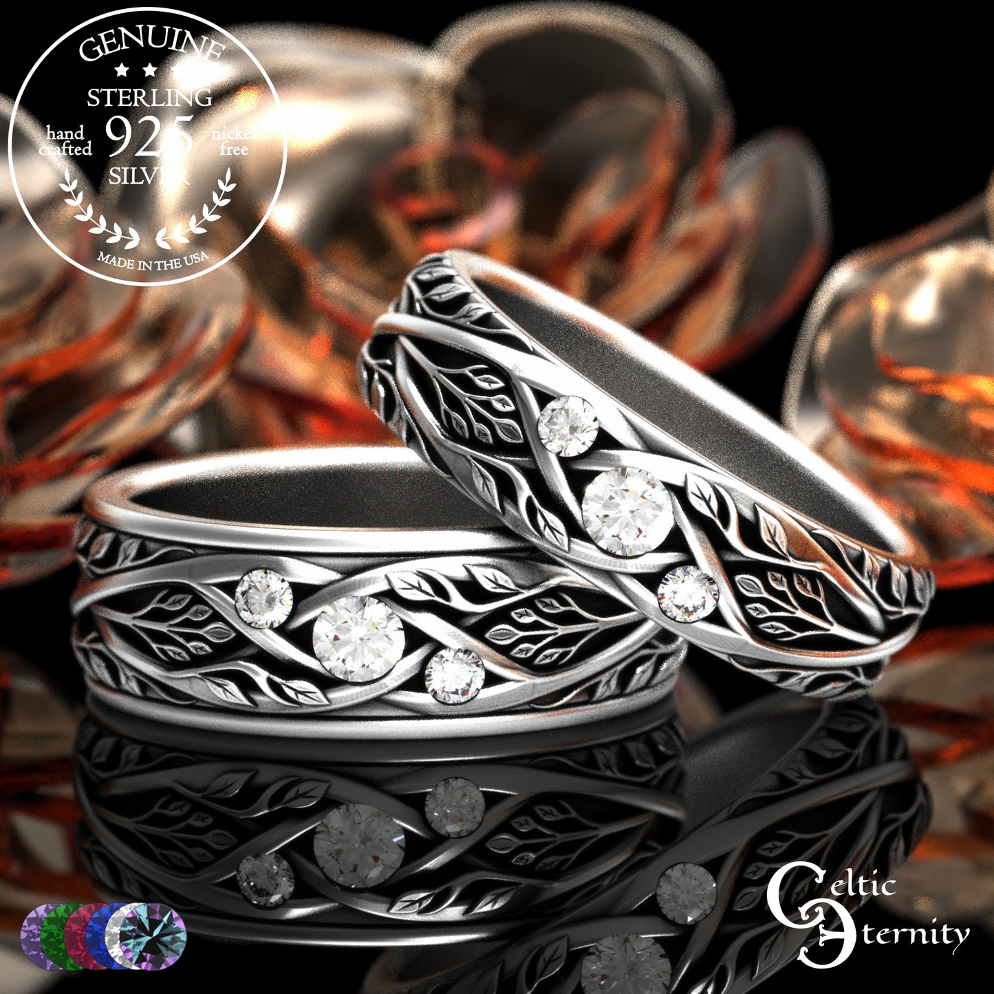 Sterling Celtic Bride & Groom Emerald Forest Wedding Band Set, 2132 2133
