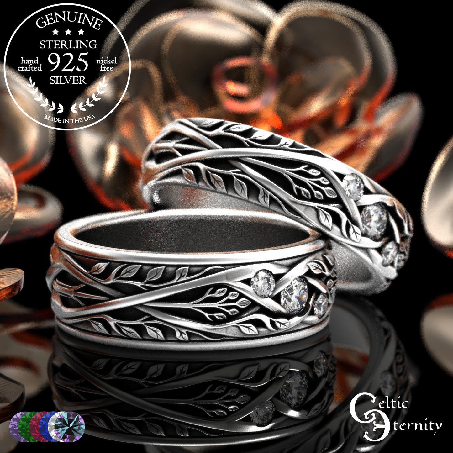 Sterling Celtic Bride & Groom Emerald Forest Wedding Band Set, 2132 2133
