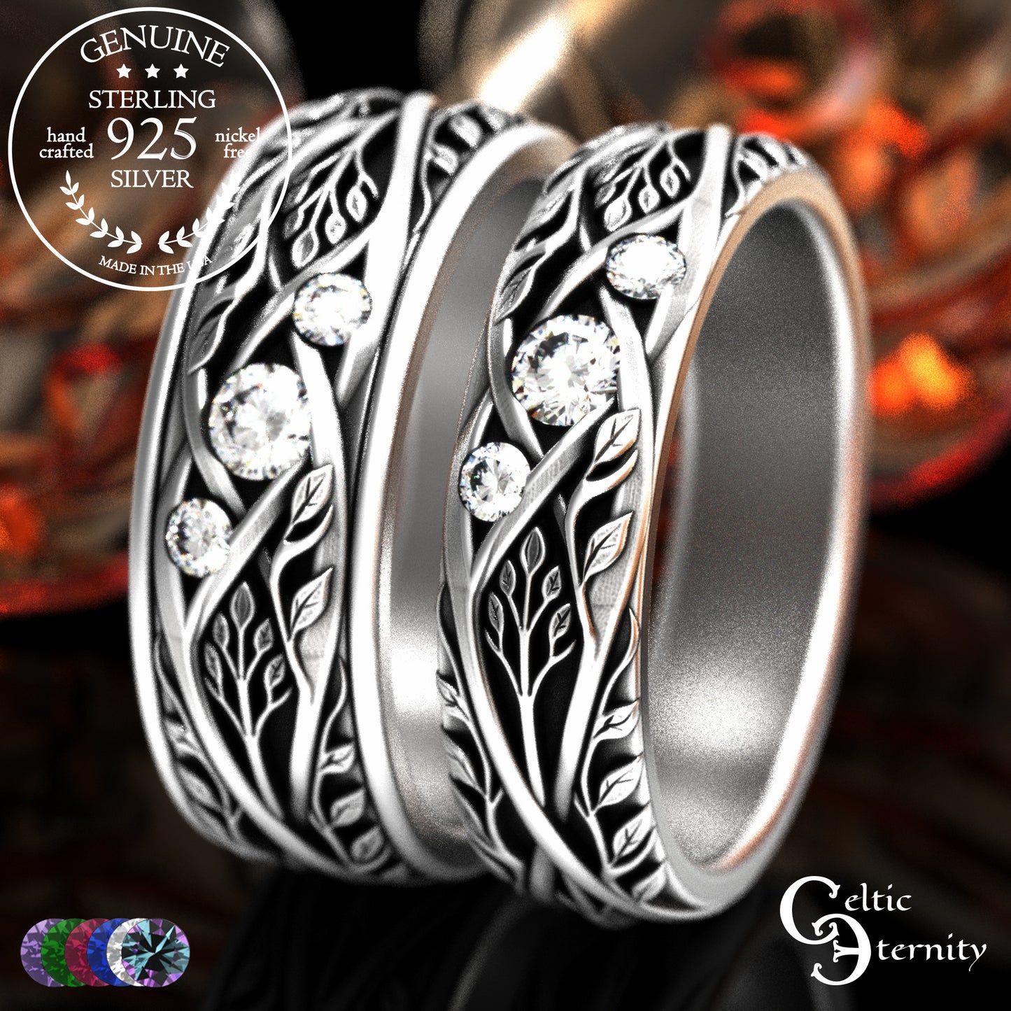 Sterling Celtic Bride & Groom Emerald Forest Wedding Band Set, 2132 2133