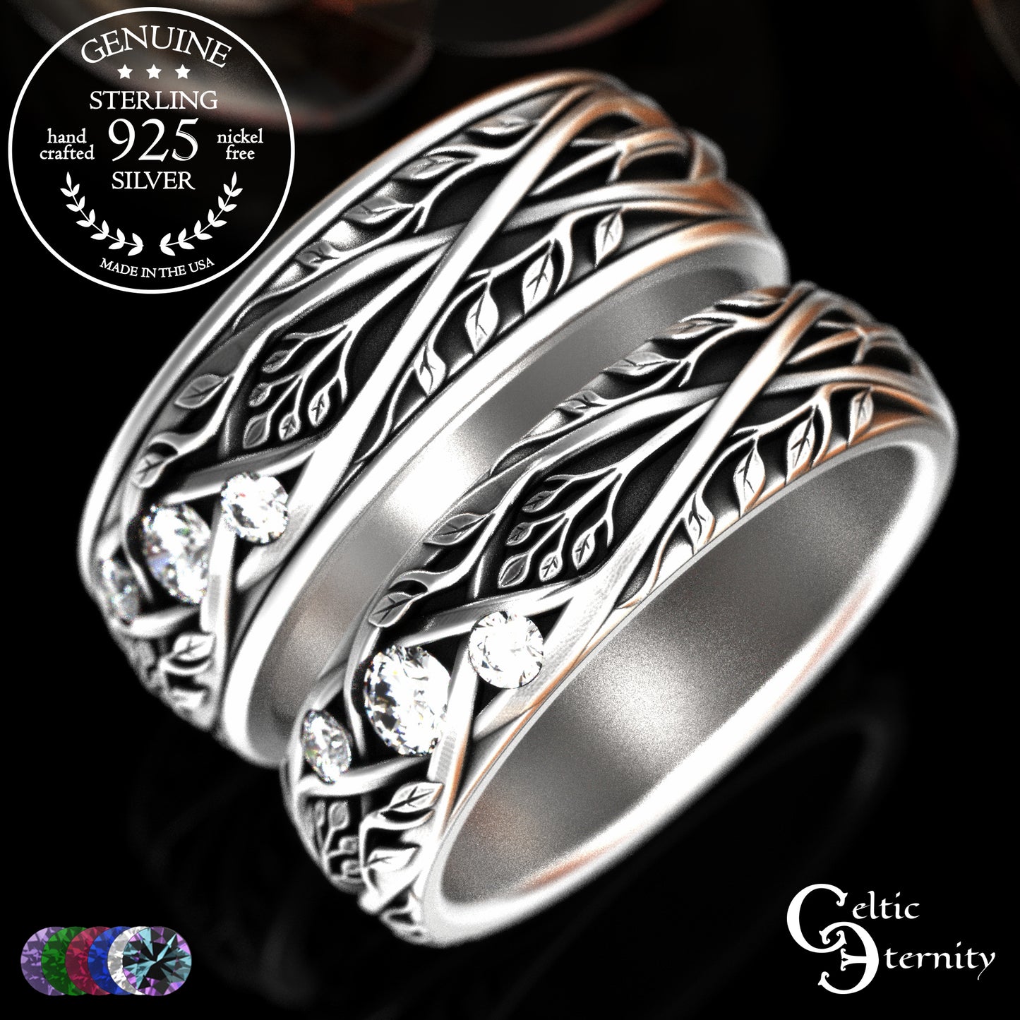 Sterling Celtic Bride & Groom Emerald Forest Wedding Band Set, 2132 2133