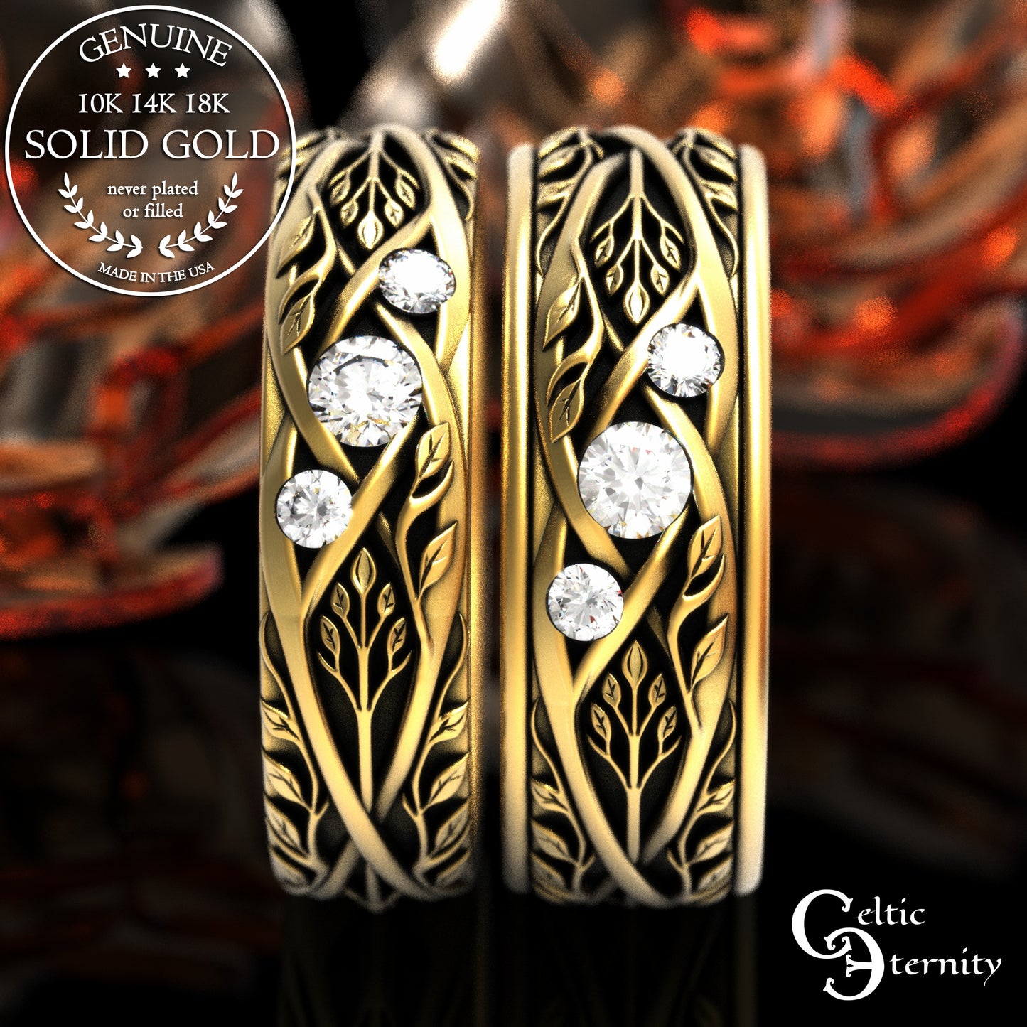 Matching Gold or Platinum Irish Botanical Leaves Wedding Band Set, 2132 2133