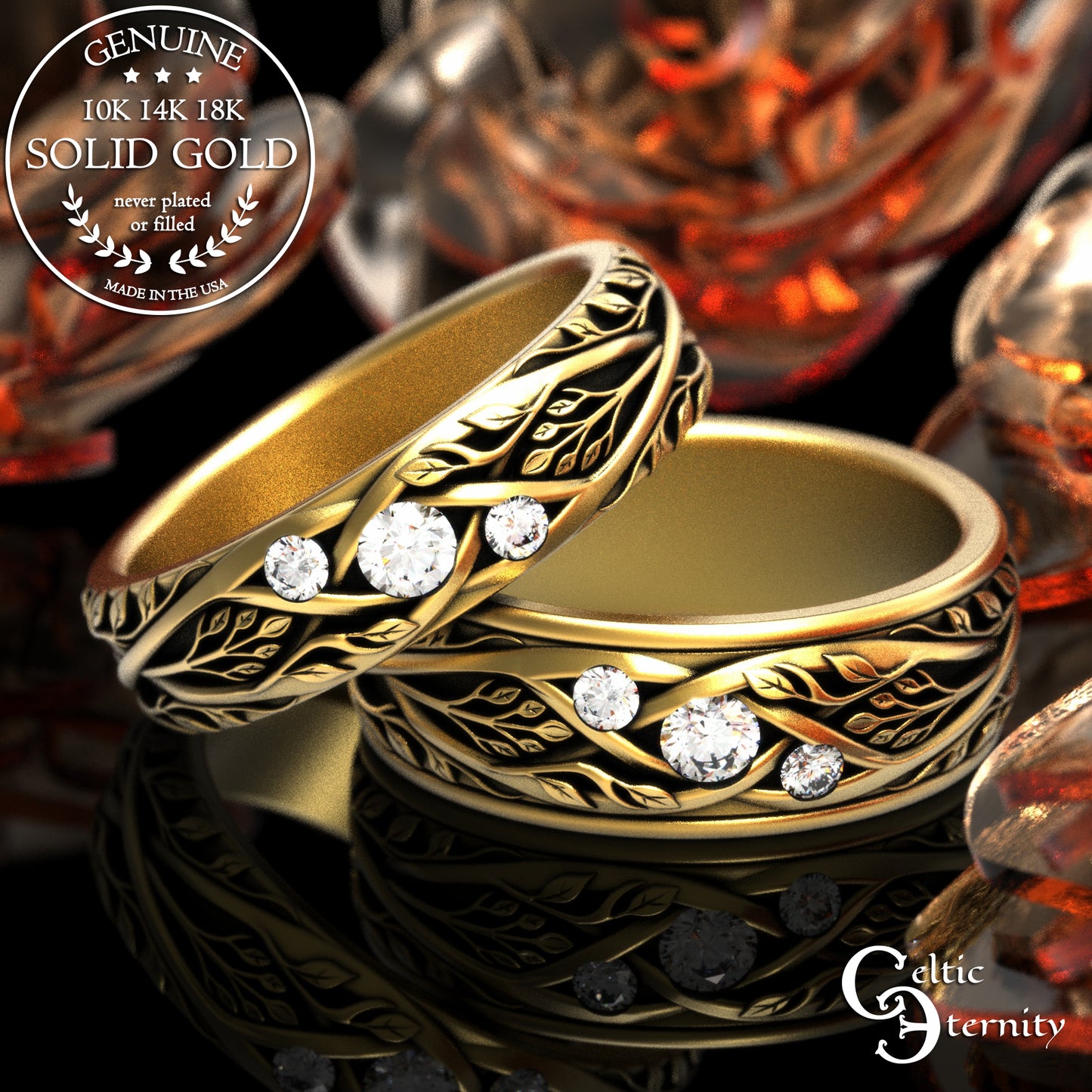 Matching Gold or Platinum Irish Botanical Leaves Wedding Band Set, 2132 2133