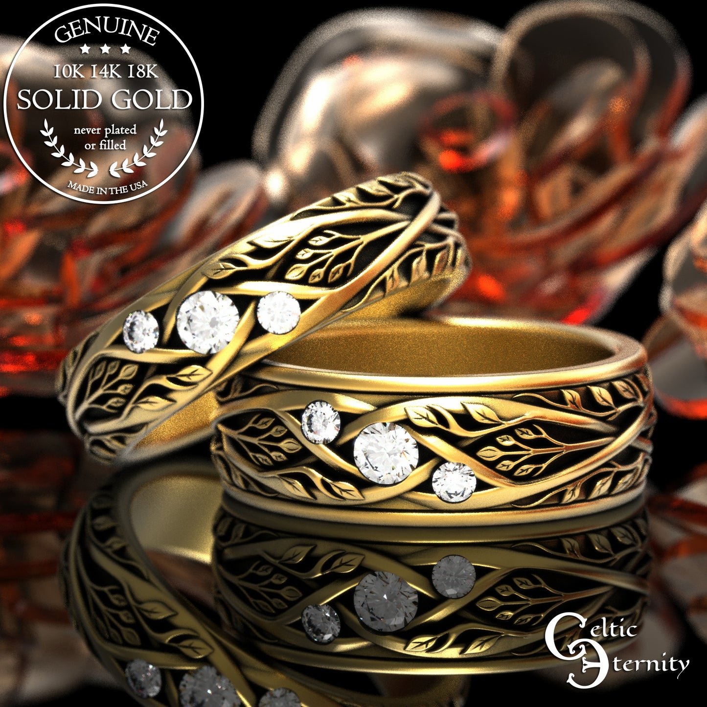 Matching Gold or Platinum Irish Botanical Leaves Wedding Band Set, 2132 2133