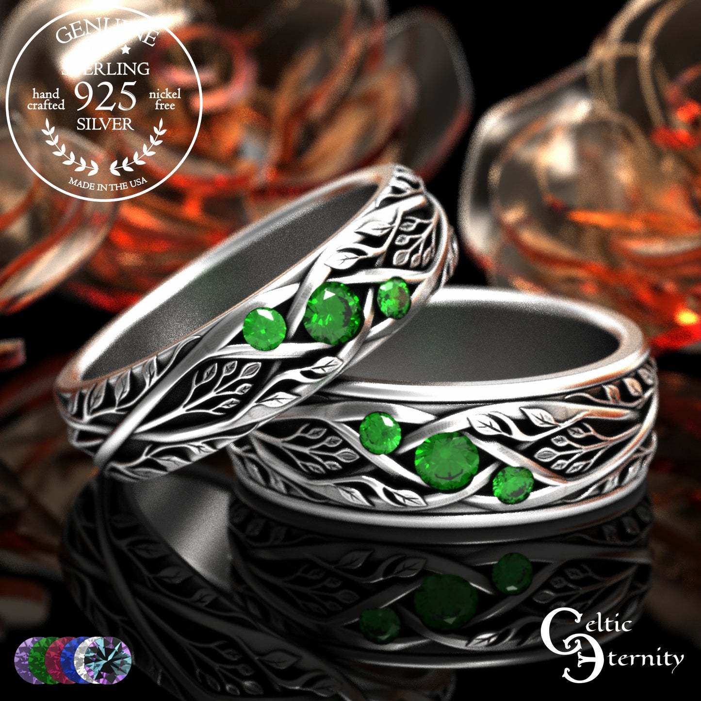Sterling Celtic Bride & Groom Emerald Forest Wedding Band Set, 2132 2133