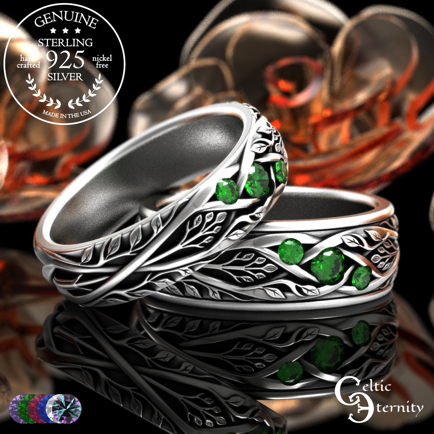 Sterling Celtic Bride & Groom Emerald Forest Wedding Band Set, 2132 2133