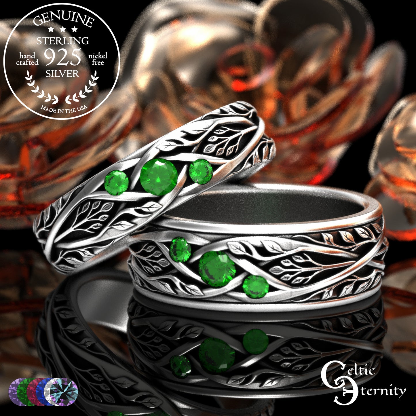 Sterling Celtic Bride & Groom Emerald Forest Wedding Band Set, 2132 2133
