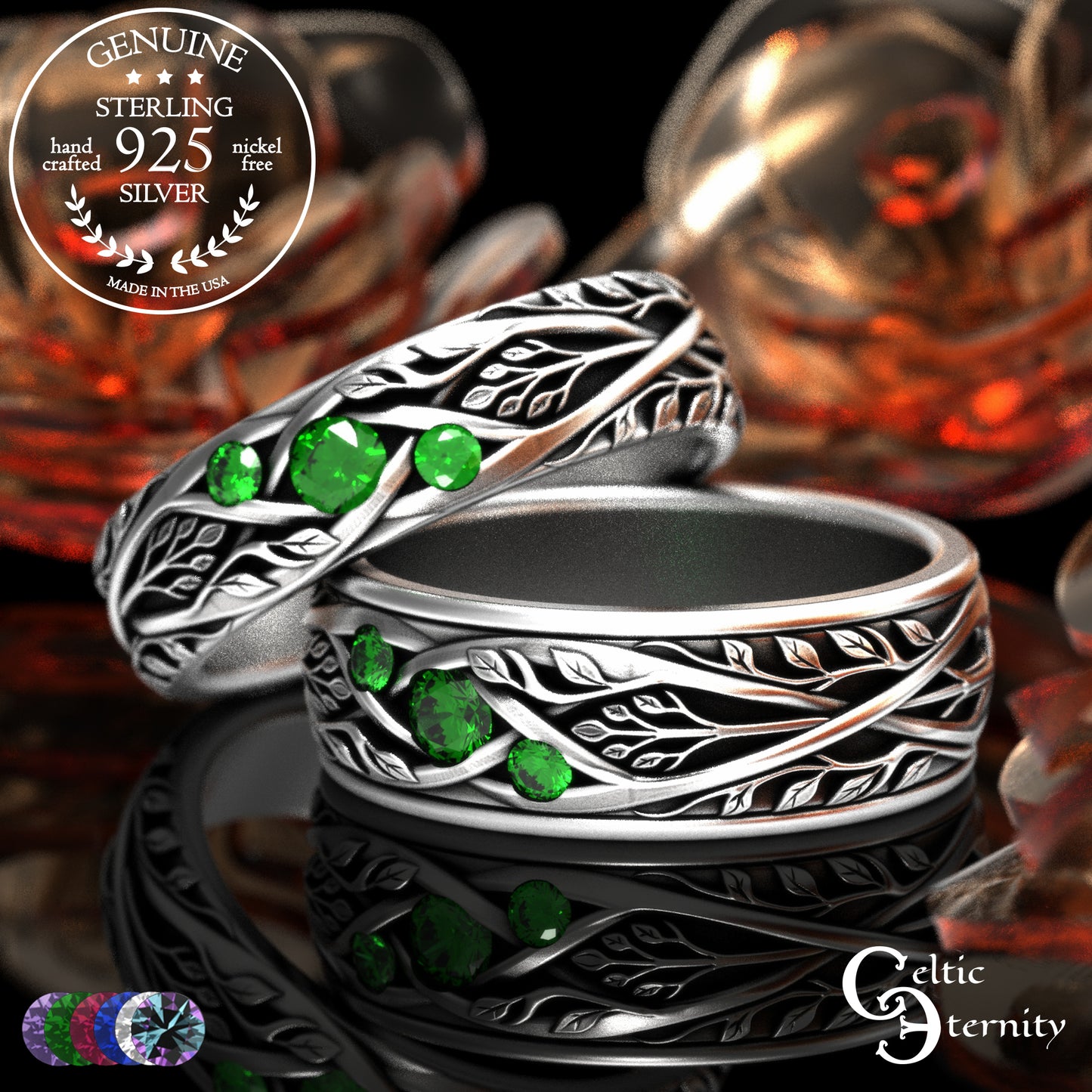 Sterling Celtic Bride & Groom Emerald Forest Wedding Band Set, 2132 2133