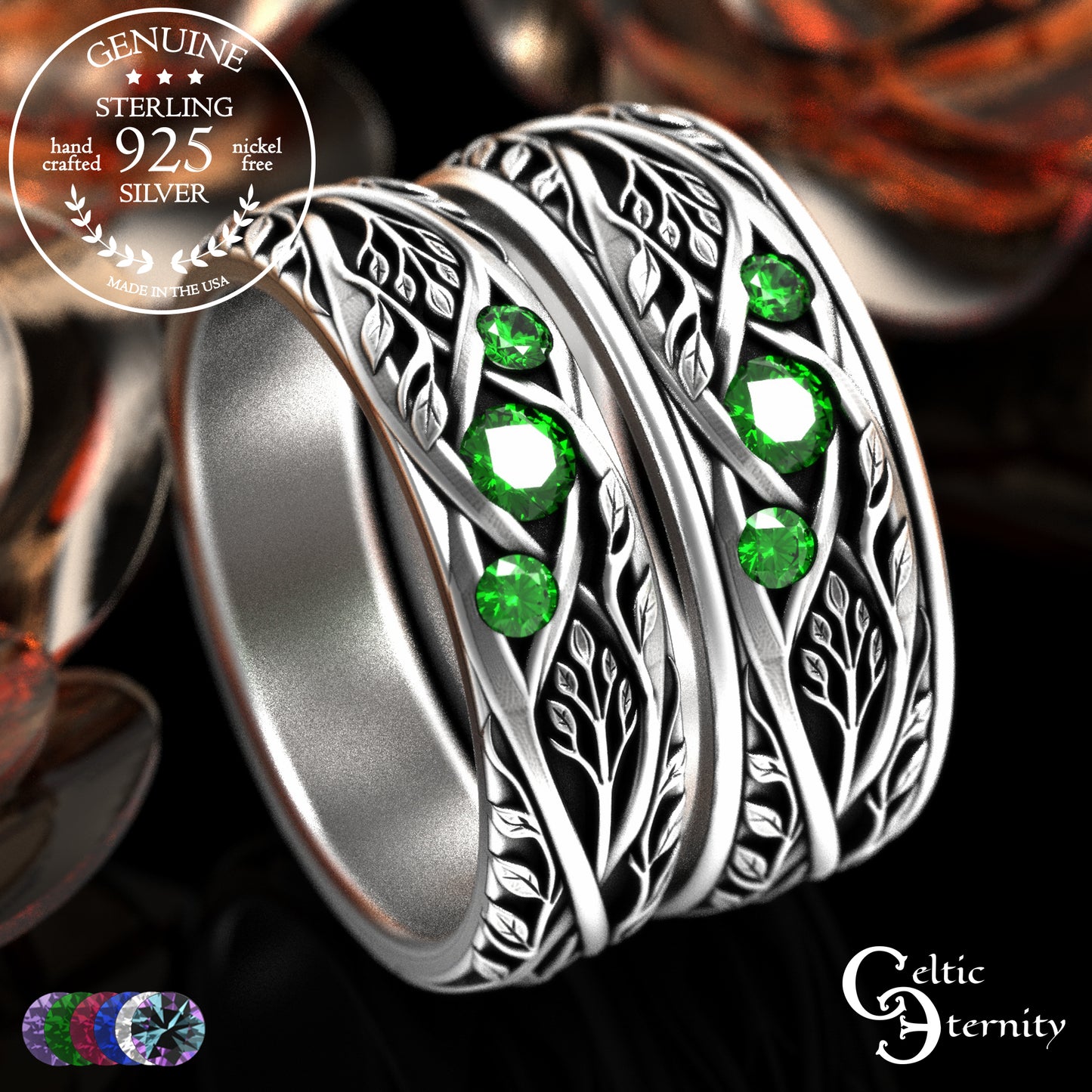 Sterling Celtic Bride & Groom Emerald Forest Wedding Band Set, 2132 2133