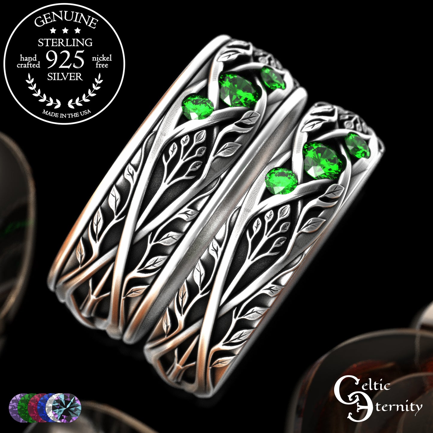 Sterling Celtic Bride & Groom Emerald Forest Wedding Band Set, 2132 2133