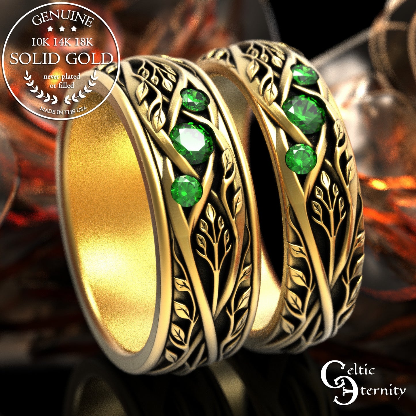 Matching Gold or Platinum Irish Botanical Leaves Wedding Band Set, 2132 2133