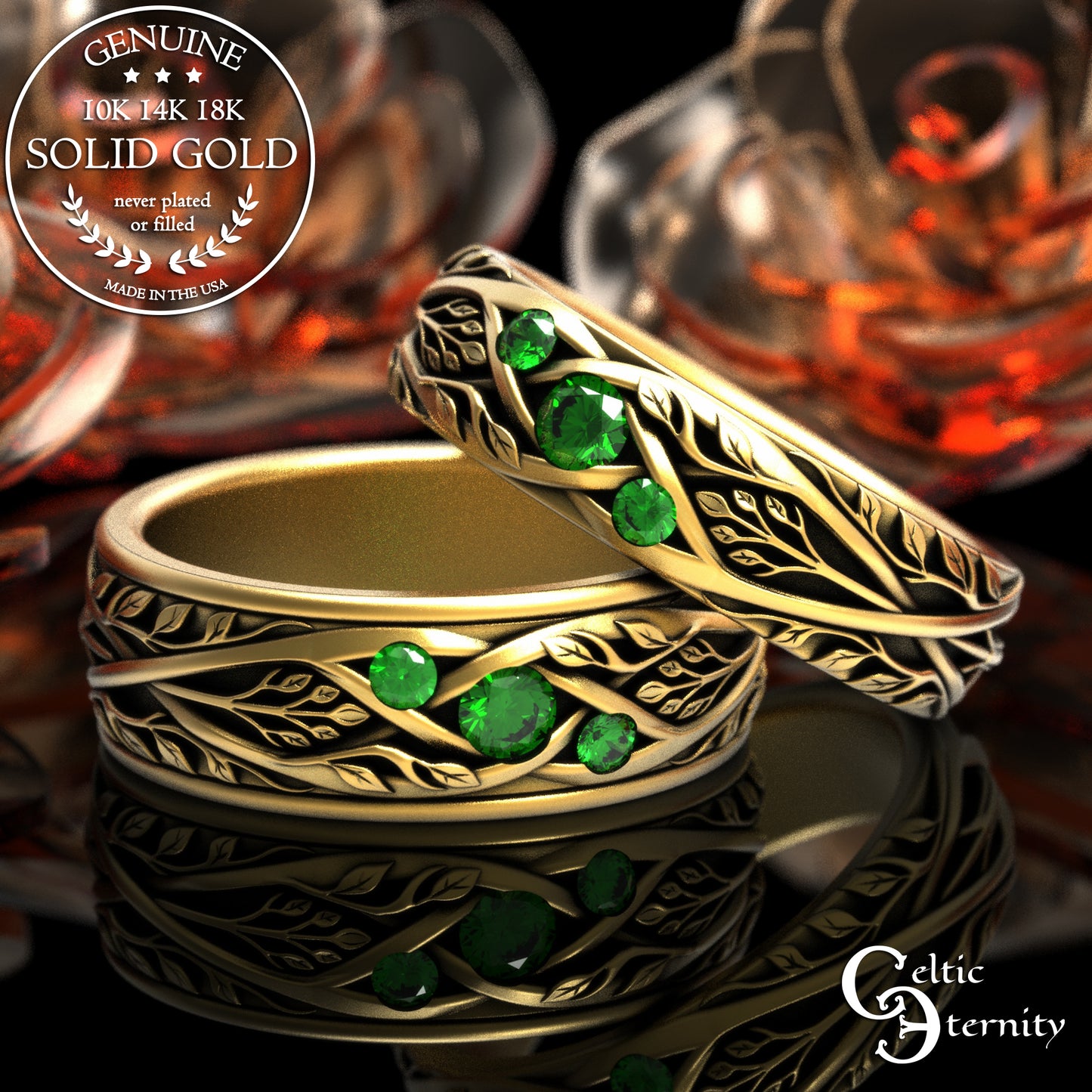 Matching Gold or Platinum Irish Botanical Leaves Wedding Band Set, 2132 2133