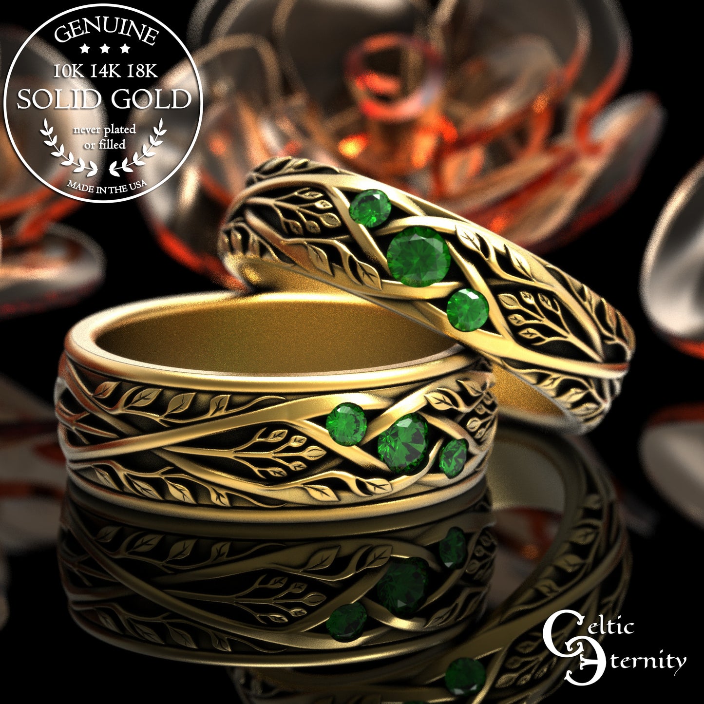 Matching Gold or Platinum Irish Botanical Leaves Wedding Band Set, 2132 2133