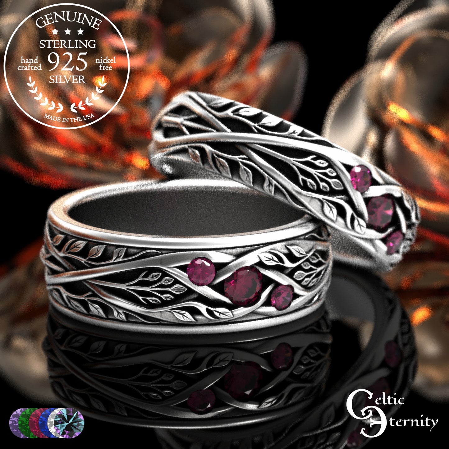 Sterling Celtic Bride & Groom Emerald Forest Wedding Band Set, 2132 2133